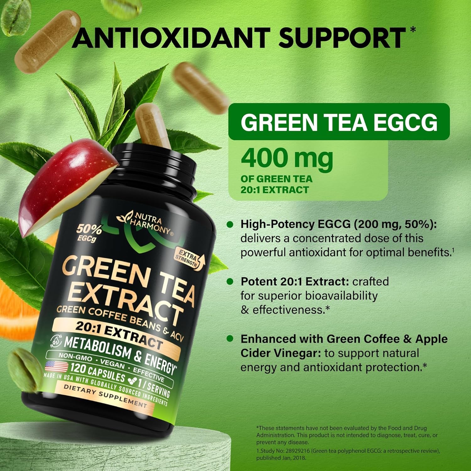 NutraHarmony Green Tea Extract 50% EGCG – 120 Vegan Capsules | 20:1 Extra Strength | Green Coffee Bean & Apple Cider Vinegar | Energy & Metabolism Support