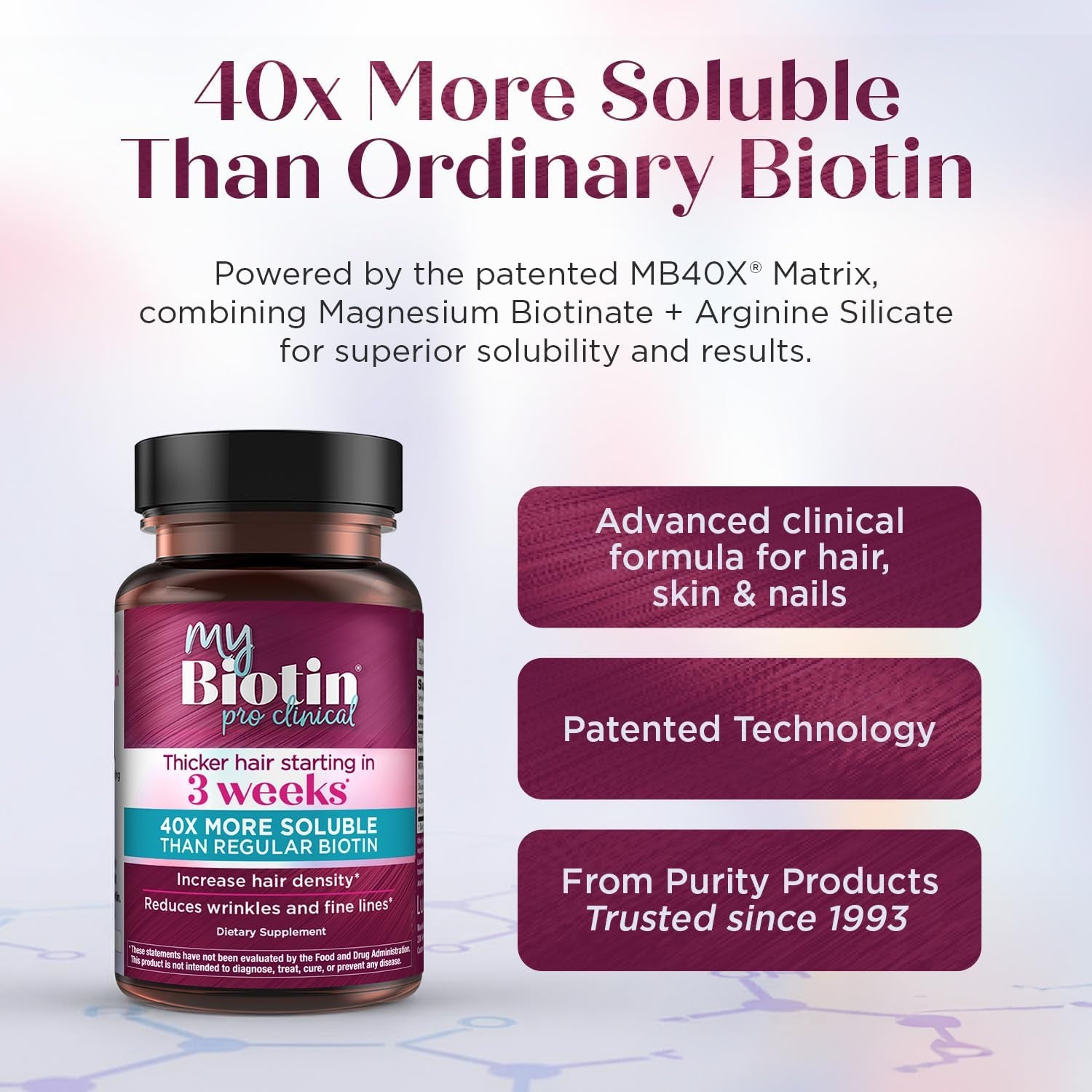 Purity Products MyBiotin ProClinical – MB40X Patented Biotin for Thicker Hair & Skin Health | Astaxanthin | 30 Capsules