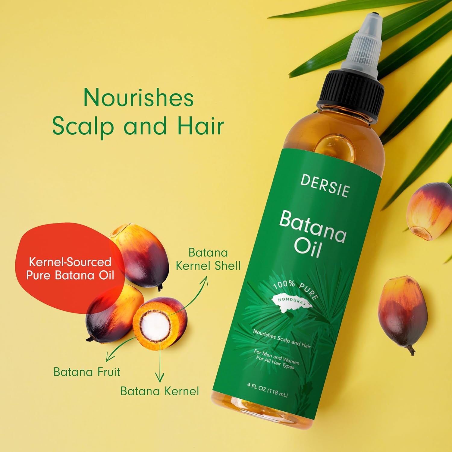 Dersie 100% Pure Batana Oil - Organic Lightweight Leave-In & Pre-Wash Oil for Dry, Damaged, High Porosity Hair - Scalp & Hair Care for Healthier, Longer-Looking Hair - Honduras Sourced (4 Fl Oz)