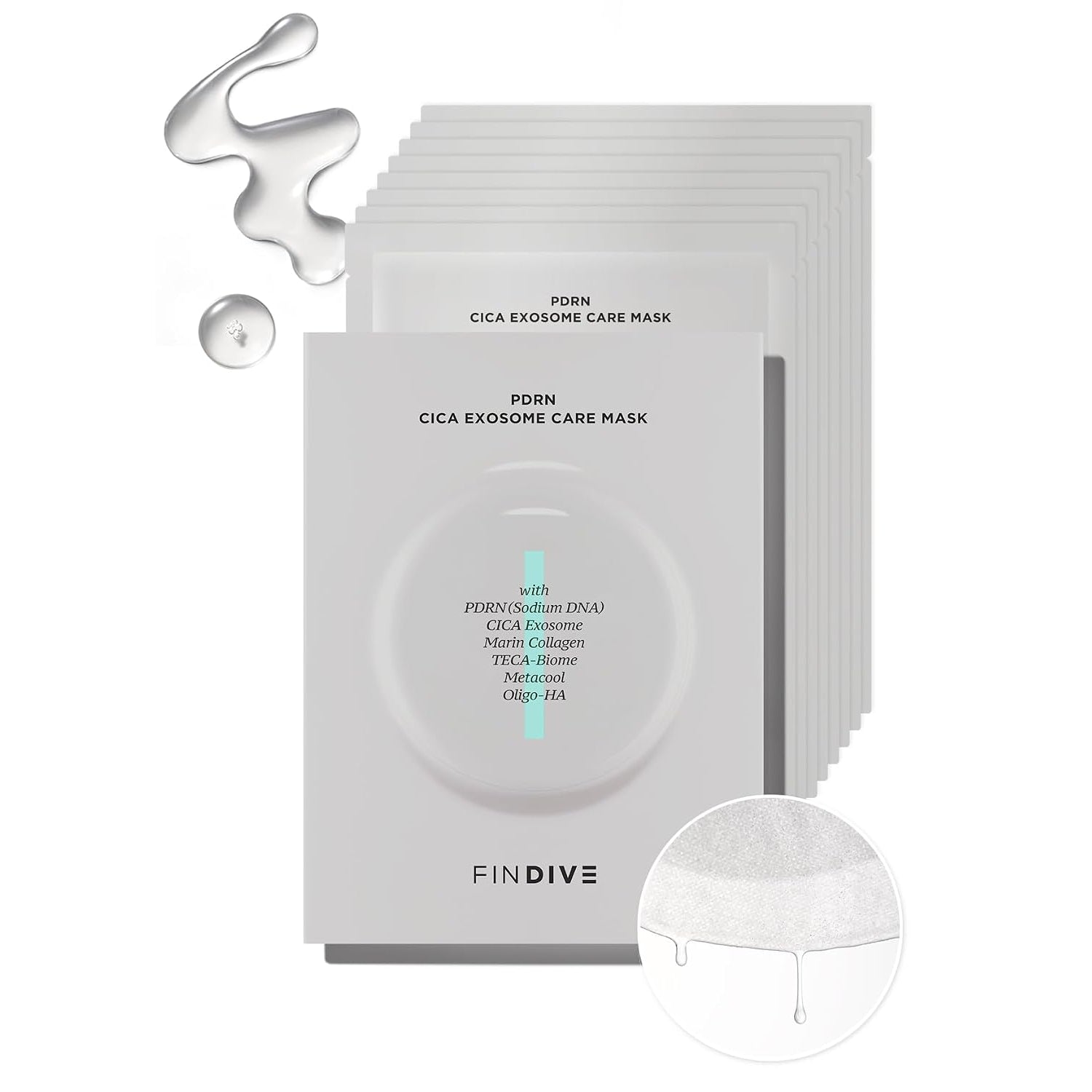 FINDIVE OFFICIAL PDRN CICA Exosome Care Mask, PDRN (Sodium DNA) 5,000Ppm, Cica Exosome, Marin Collagen, Soothes, Regenerates Skin, Korean Skincare 1.05Fl.Oz* 8 Sheets
