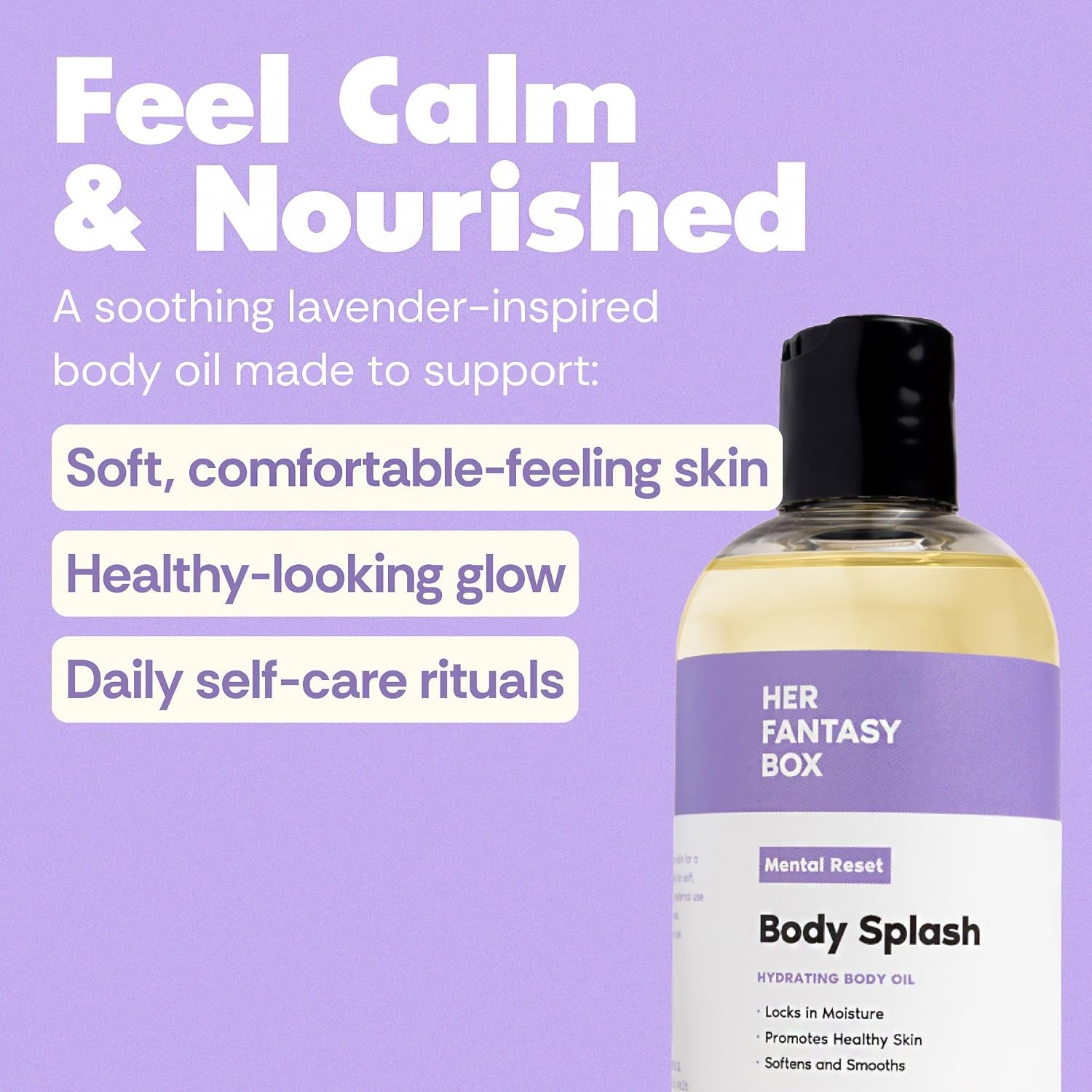 Her Fantasy Box | Body Splash Mental Reset Fragrance Oil – Lavender, Chamomile & Warm Vanilla Scent with Soft Amber & Musk, Lightweight Hydrating Body Oil, Vegan & Cruelty Free