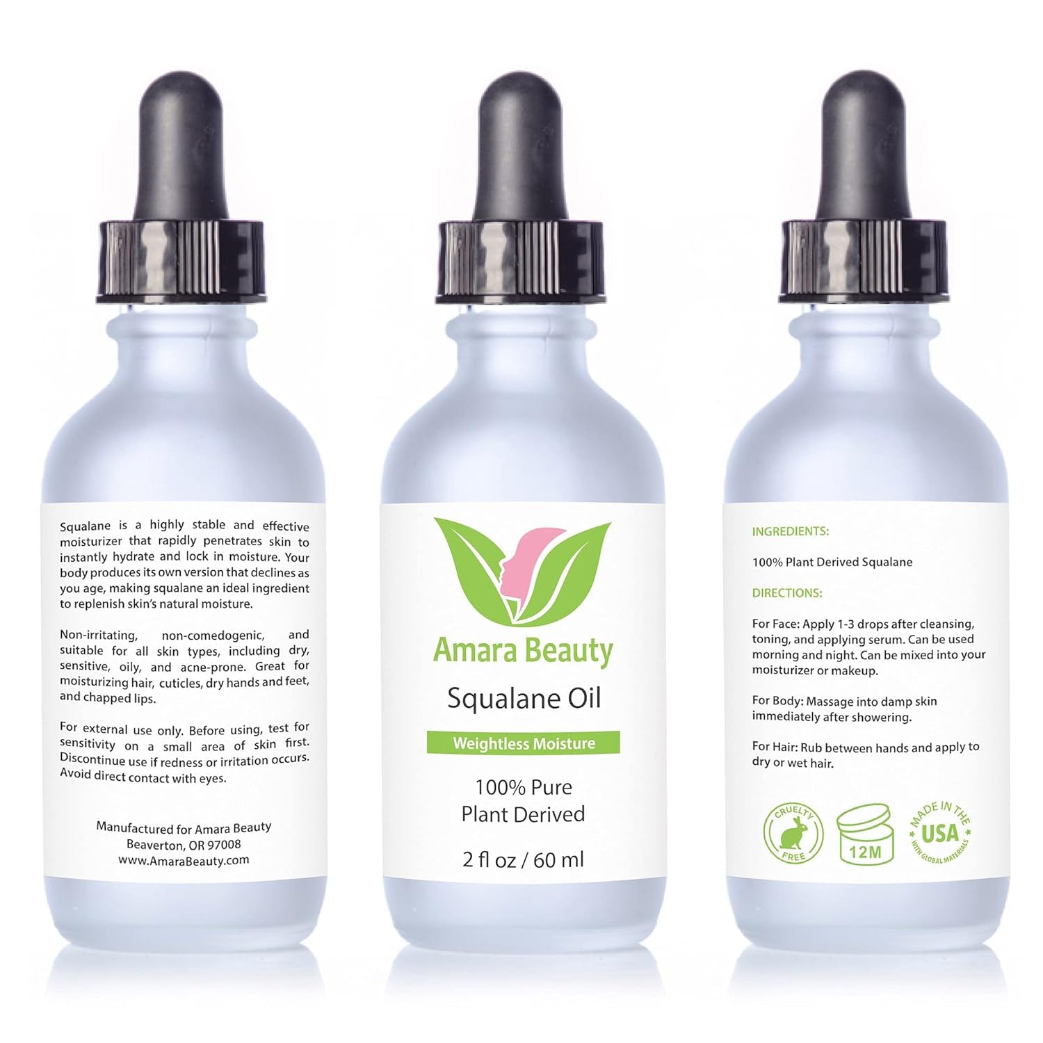 Amara Beauty Squalane Oil Moisturizer with 100% Pure Plant Derived Squalane for Face, Body, Skin and Hair - Face Oil 2 Fl. Oz.