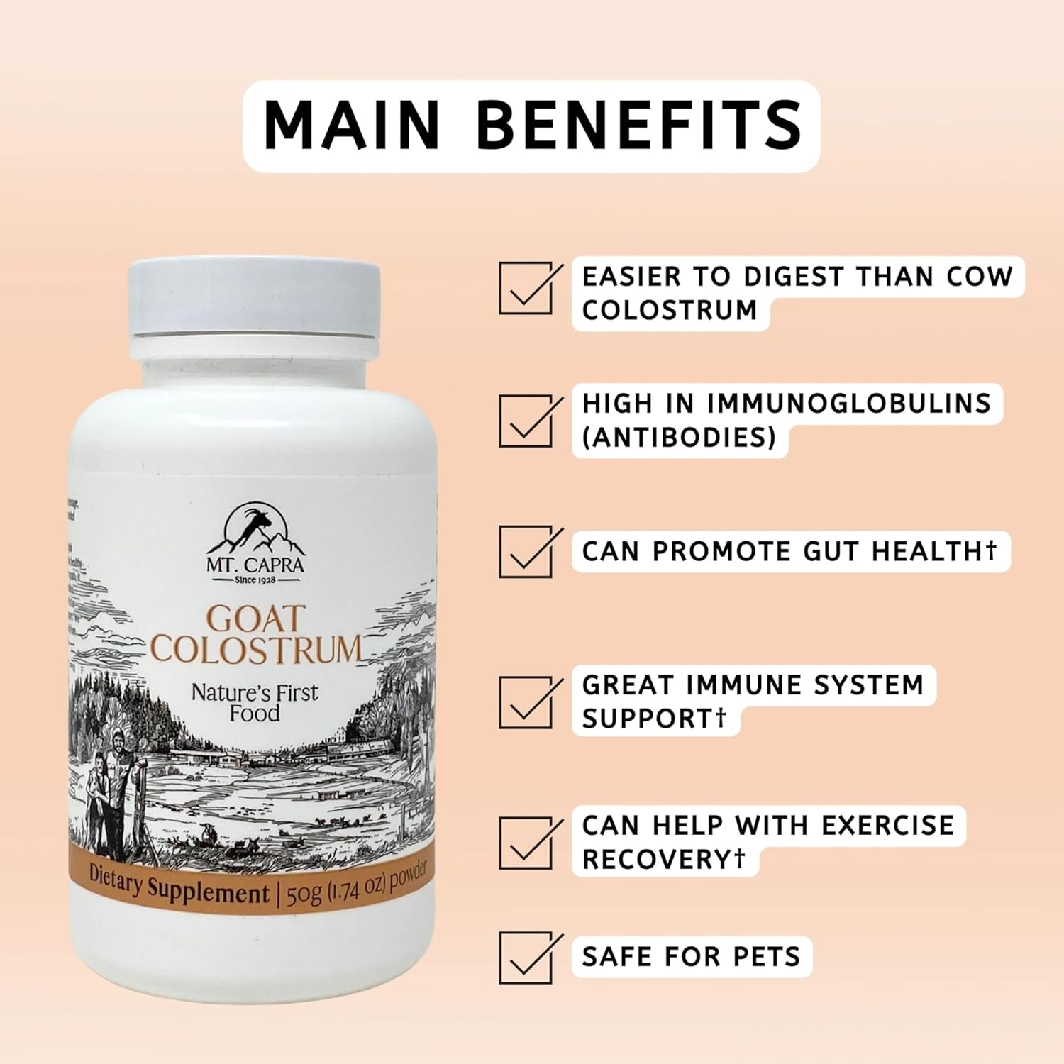 Mt. Capra Grass-Fed Goat Colostrum Powder – 17 Servings | High in Immunoglobulins | Immune System, Gut Health & Athletic Performance Support