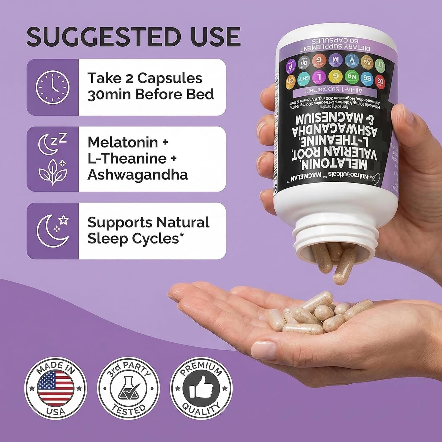 Clean Nutraceuticals Sleep Support Complex – 60 Capsules | Melatonin 10mg, Valerian Root, L-Theanine 200mg & Ashwagandha | Magnesium, Lemon Balm & Chamomile