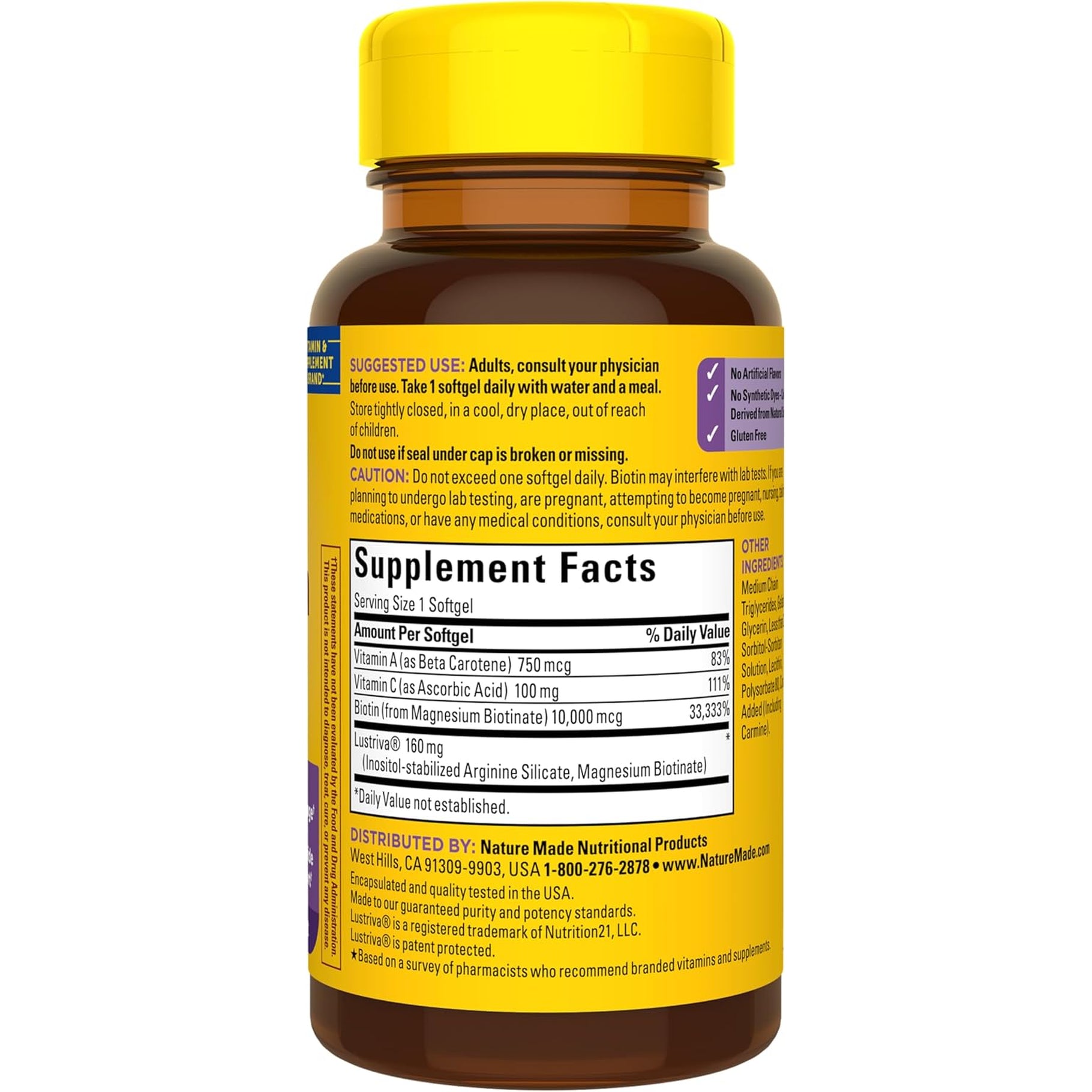 Nature Made Hair Growth Softgels, Clinically Studied Lustriva + Biotin, Vitamin C & A, Hair Growth Vitamins - Support Healthy Hair as You Age, 30 Softgels, 30 Day Supply