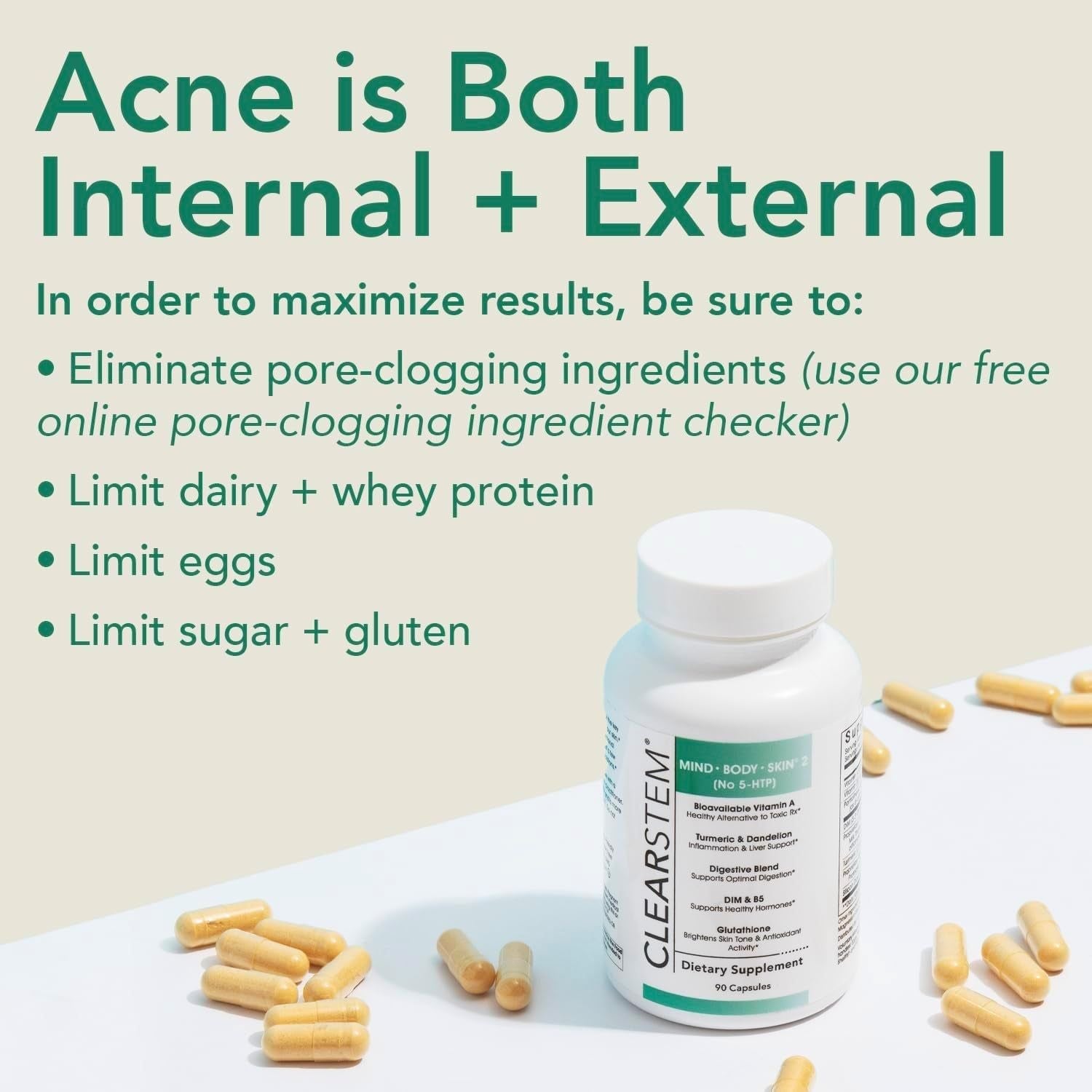 CLEARSTEM MIND·BODY·SKIN® 2 (No 5-HTP) – 90 Capsules | Hormonal Acne, Digestive Balance & Skin Clarity from Within