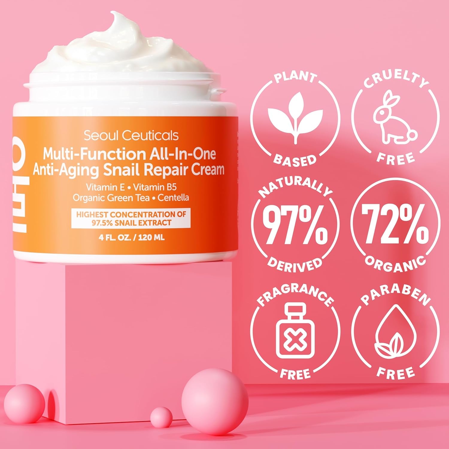 SeoulCeuticals 97.5% Snail Mucin Moisturising Cream – Korean Anti-Ageing Repair for Face | Day & Night | 120ml | K-Beauty
