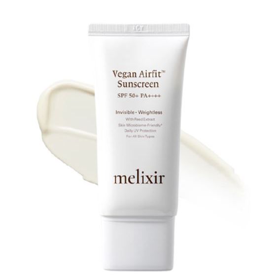 melixir Protector solar vegano Airfit SPF50+ PA++++ – 50ml | Protección UV ligera, nutritiva y sin residuos blancos