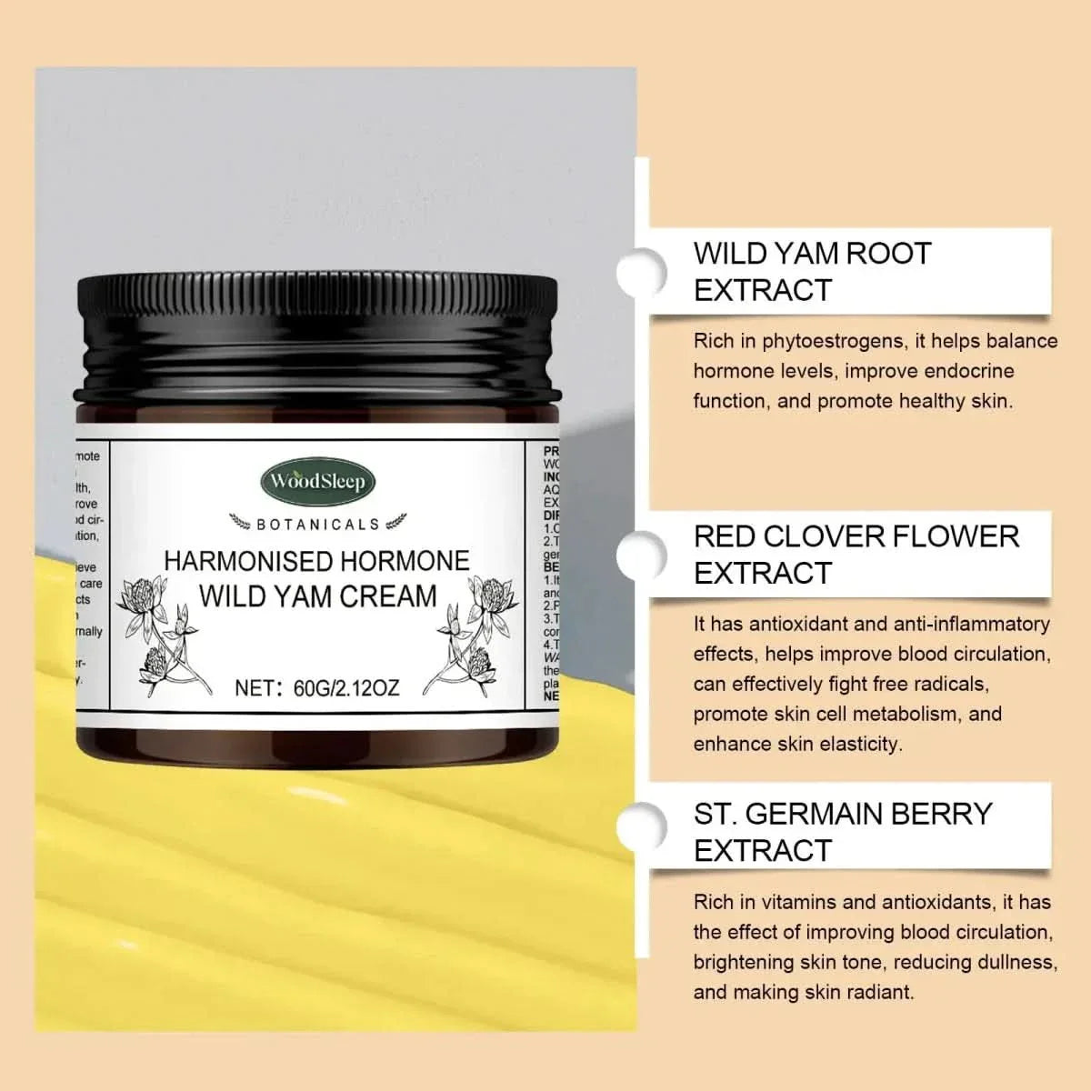 WoodSleep Botanicals Organic Wild Yam Cream - 60ml - Glam Global UKWoodSleep Botanicals