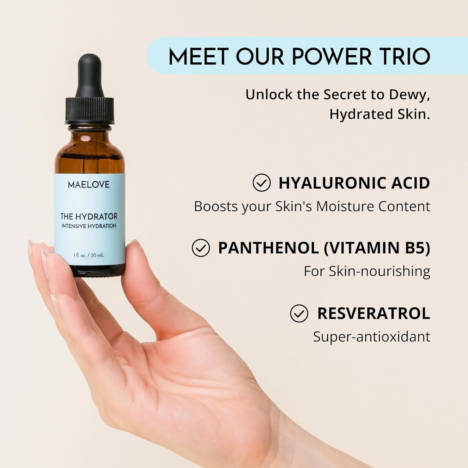 MAELOVE The Hydrator Intensive Hydration – 30ml | Hyaluronic Acid + Resveratrol + B5 for Dewy, Plump Skin