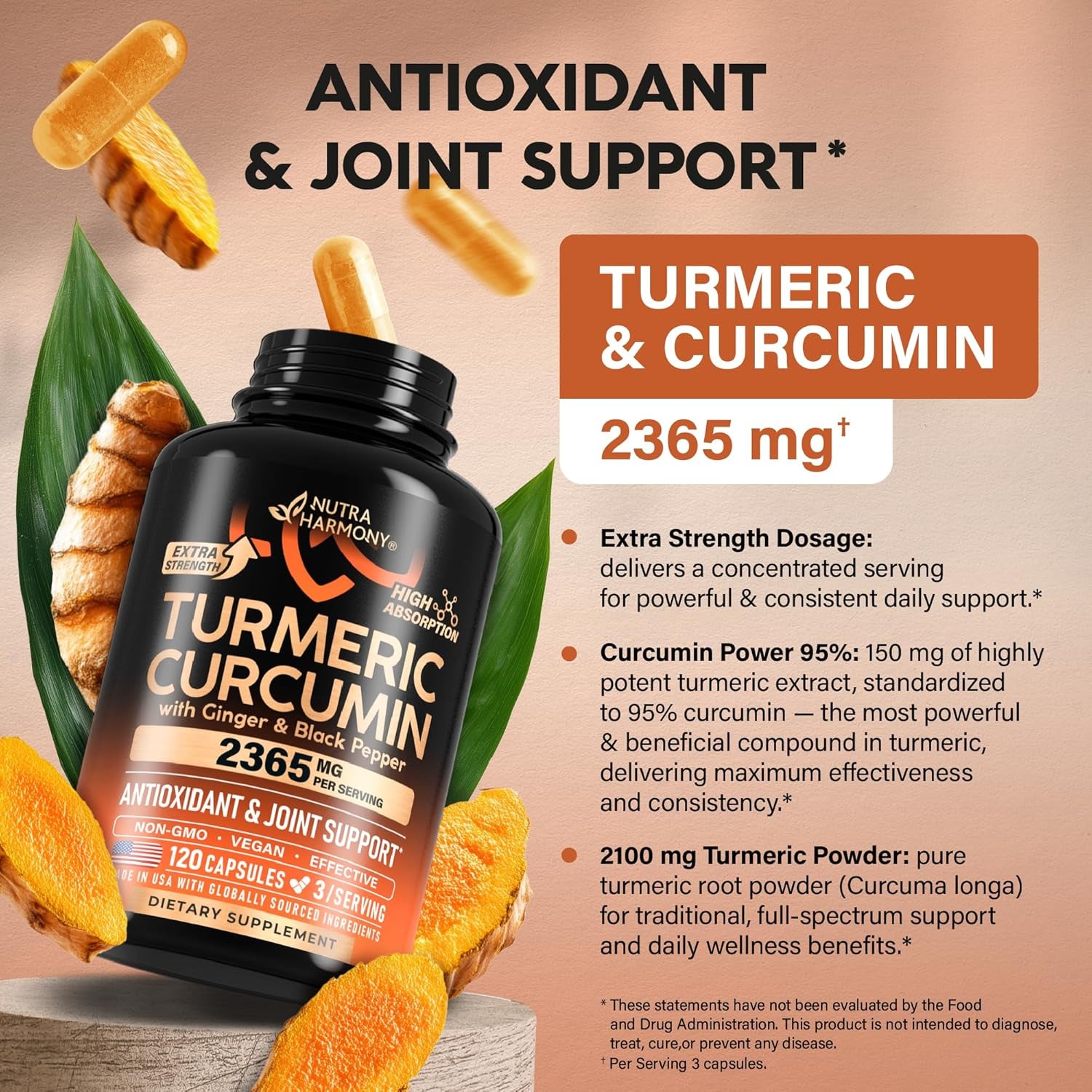 NUTRAHARMONY Turmeric Curcumin Supplement — 120 Capsules | 2,365mg High-Strength Formula | Enhanced Bioavailability | Anti-Inflammatory Support