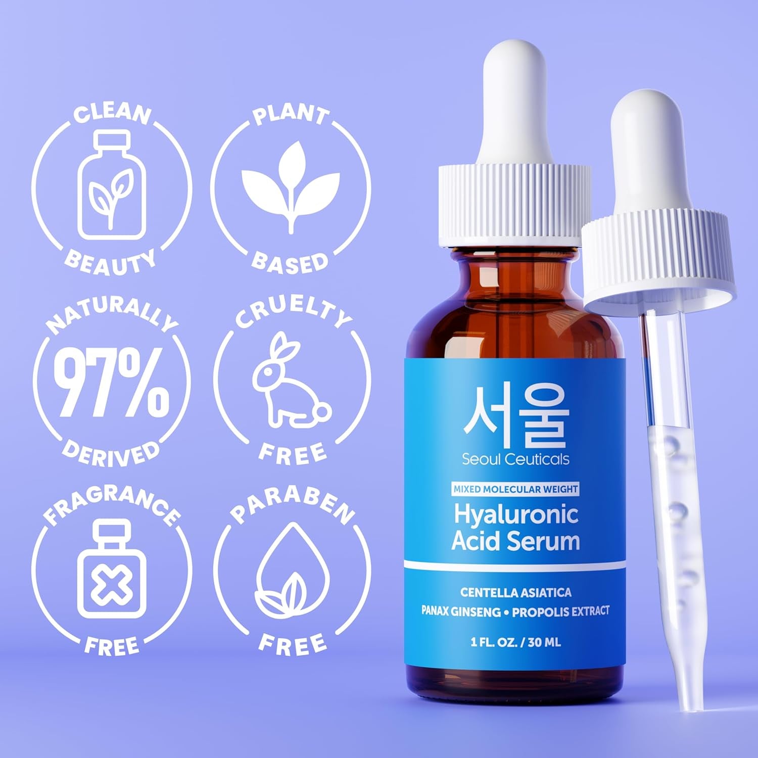 SeoulCeuticals Korean Hyaluronic Acid Serum – Dual Molecular Weight HA, Centella & Propolis for Deep Hydration | 30ml | K-Beauty