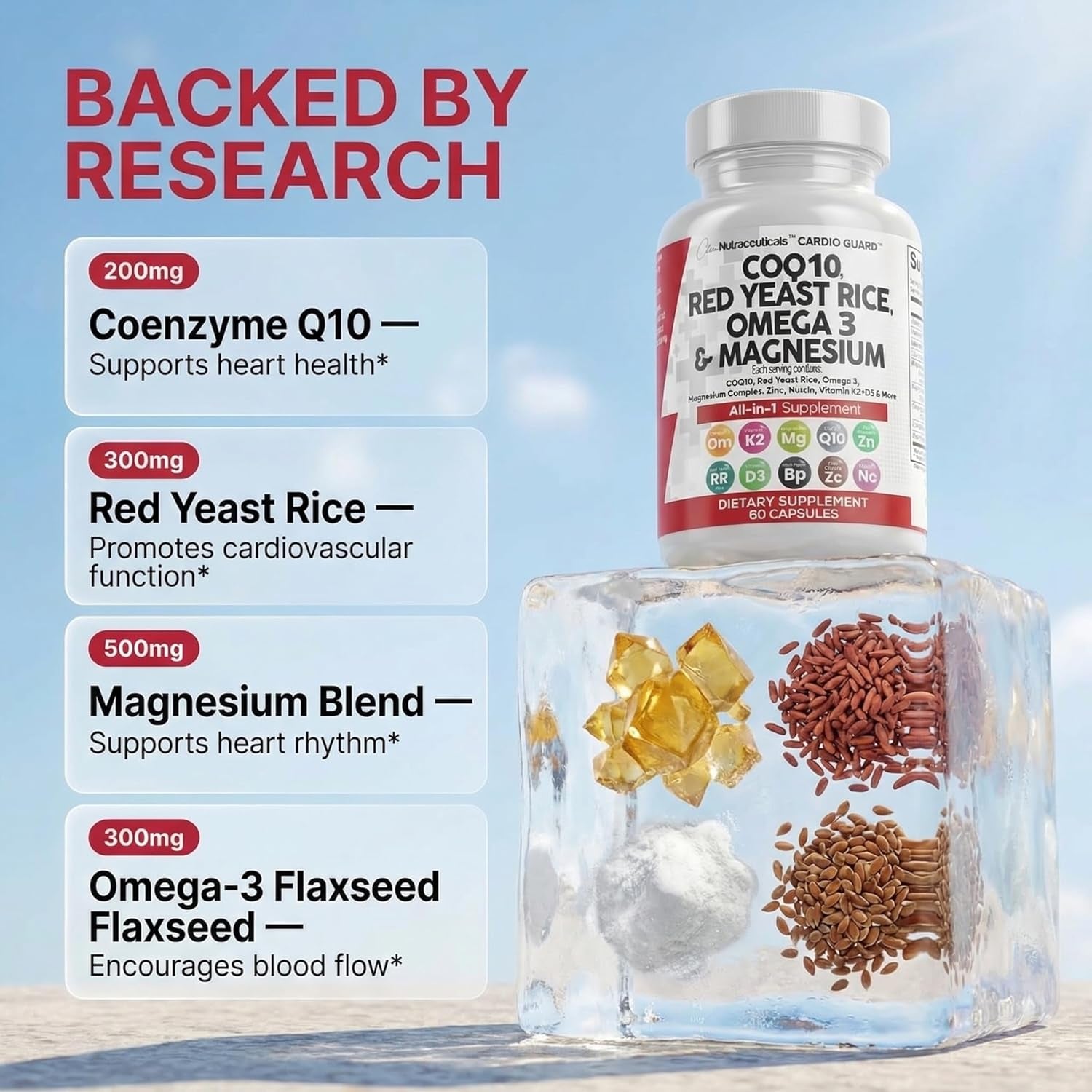 Clean Nutraceuticals COQ10 200Mg Red Yeast Rice Omega 3 Magnesium Complex 500Mg Niacin Zinc Vitamin K2 D3 - Heart Support Vitamins for Women & Men W/Vitamin B3, Coenzyme Q10-60 Ct