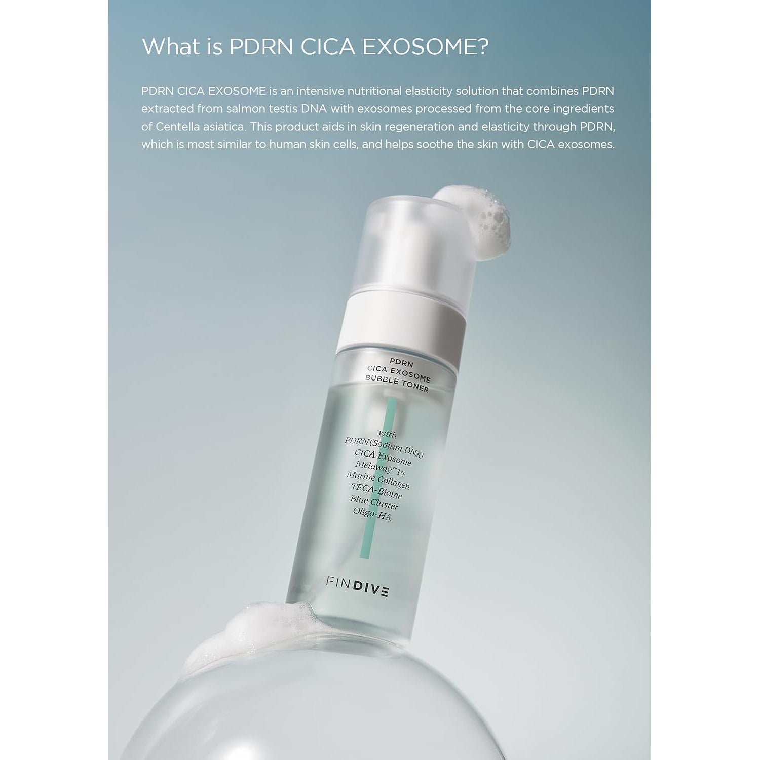 FINDIVE Official PDRN CICA Exosome Bubble Toner, PDRN (Sodium DNA) 1,000Ppm, CICA Exosome 1,000Ppm, Marin Collagen, Soothes, Regenerates Skin, Korean Skincare 5.07Fl.Oz