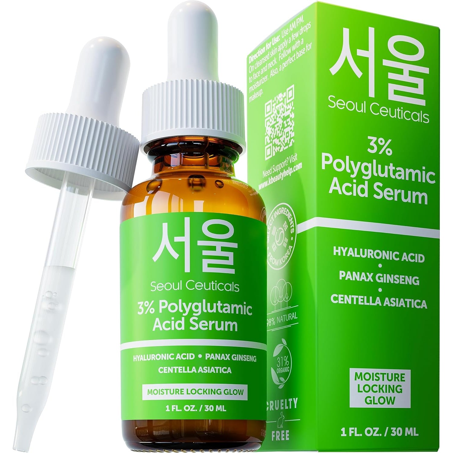SeoulCeuticals Polyglutamic Acid Serum – Hyaluronic Acid & Centella Asiatica for Intense Hydration & Healthy Glow | 30ml | K-Beauty