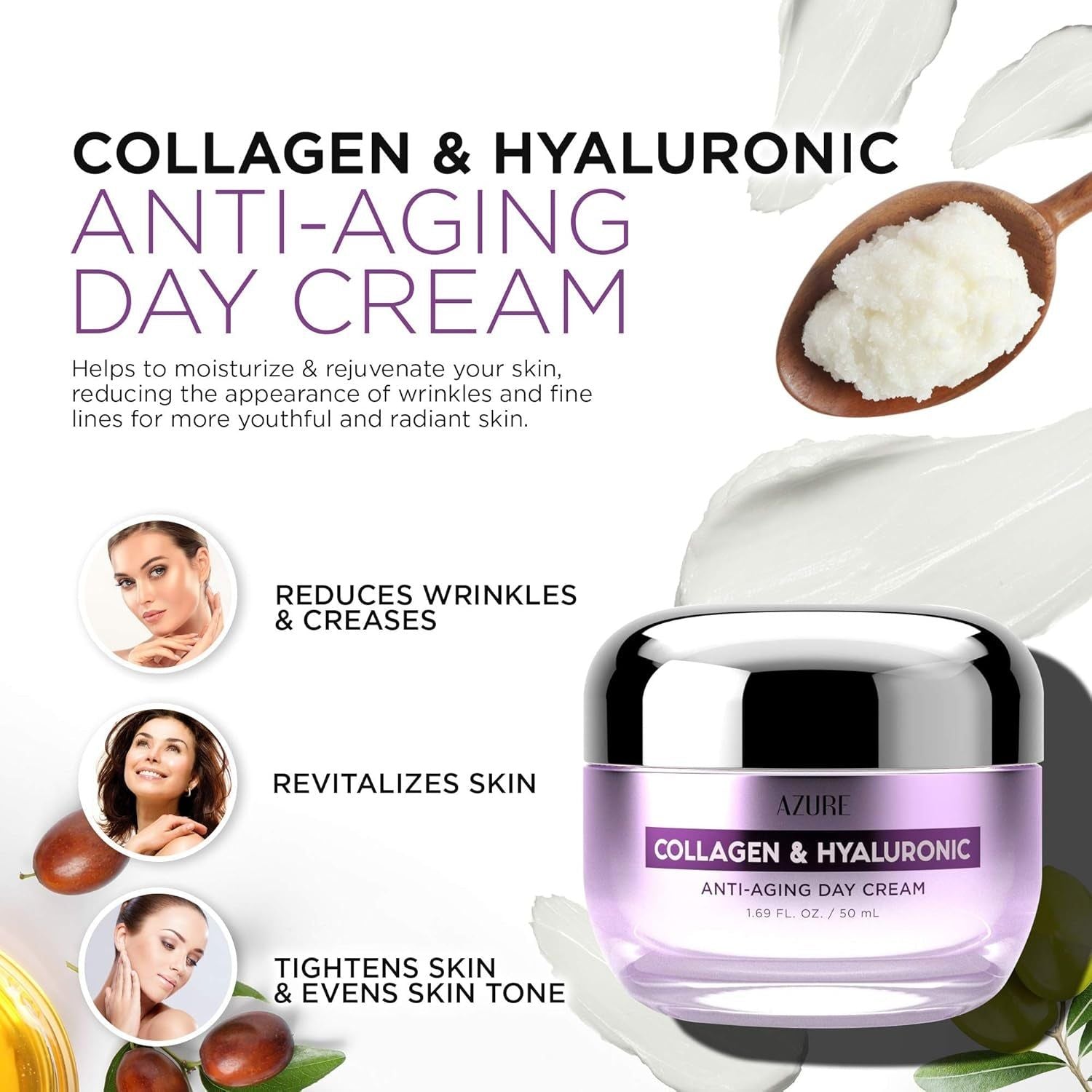 Azure Cosmetics Collagen & Hyaluronic Anti-Aging Day Cream – 50ml | Firming & Radiance-Boosting Hydration