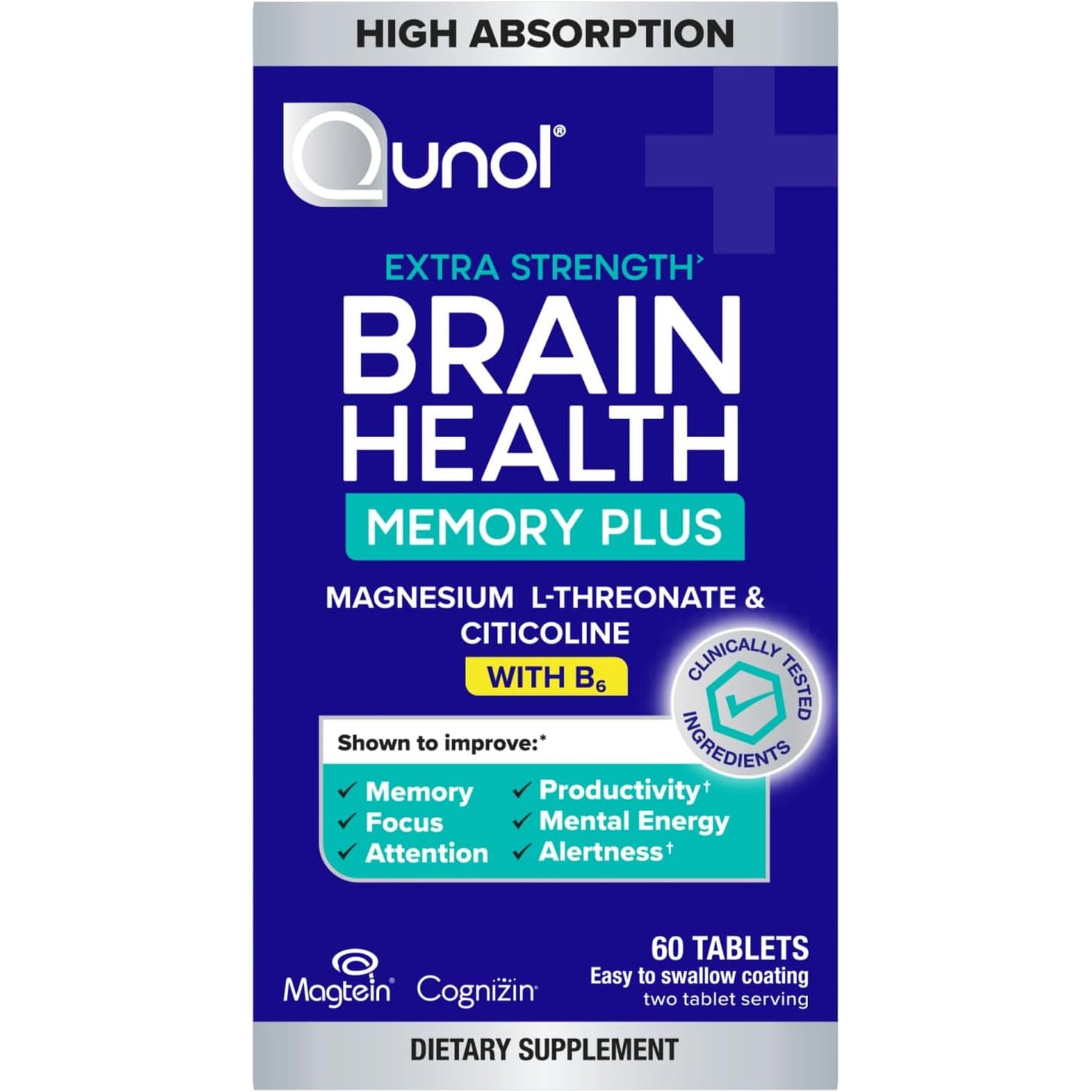 Qunol Brain Health Memory plus with B6, Magnesium L-Threonate & Citicoline, Clinically Tested Ingredients to Improve Memory, Focus, Attention and Productivity, 60 Count (Pack of 1)