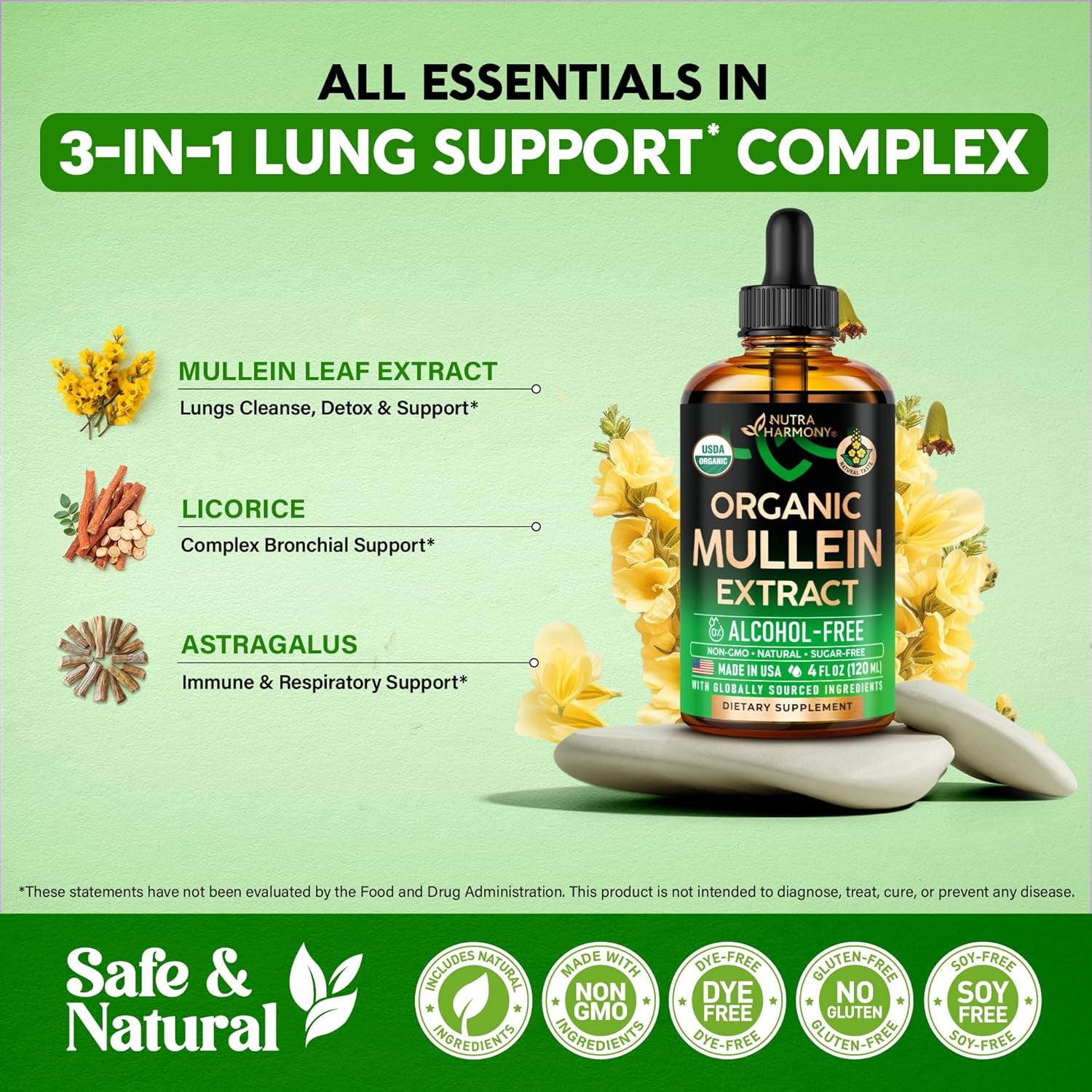 NUTRAHARMONY USDA Organic Mullein Leaf Drops - 120ml | Liquid Lung Support & Respiratory Health | Natural Herbal Extract