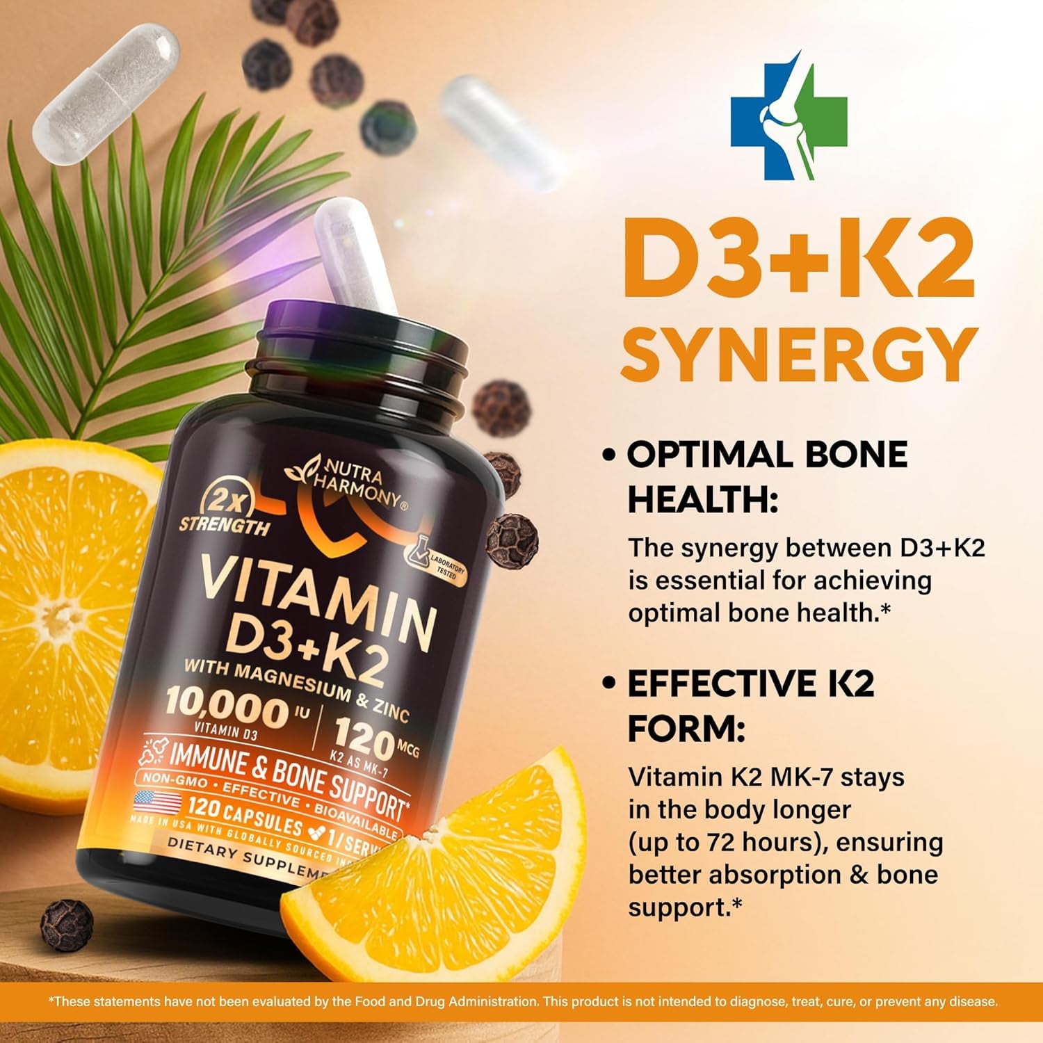 NUTRAHARMONY Vitamin D3, K2 & Magnesium Complex — 120 Capsules | Bioavailable Trio for Bones, Immunity & Heart Health