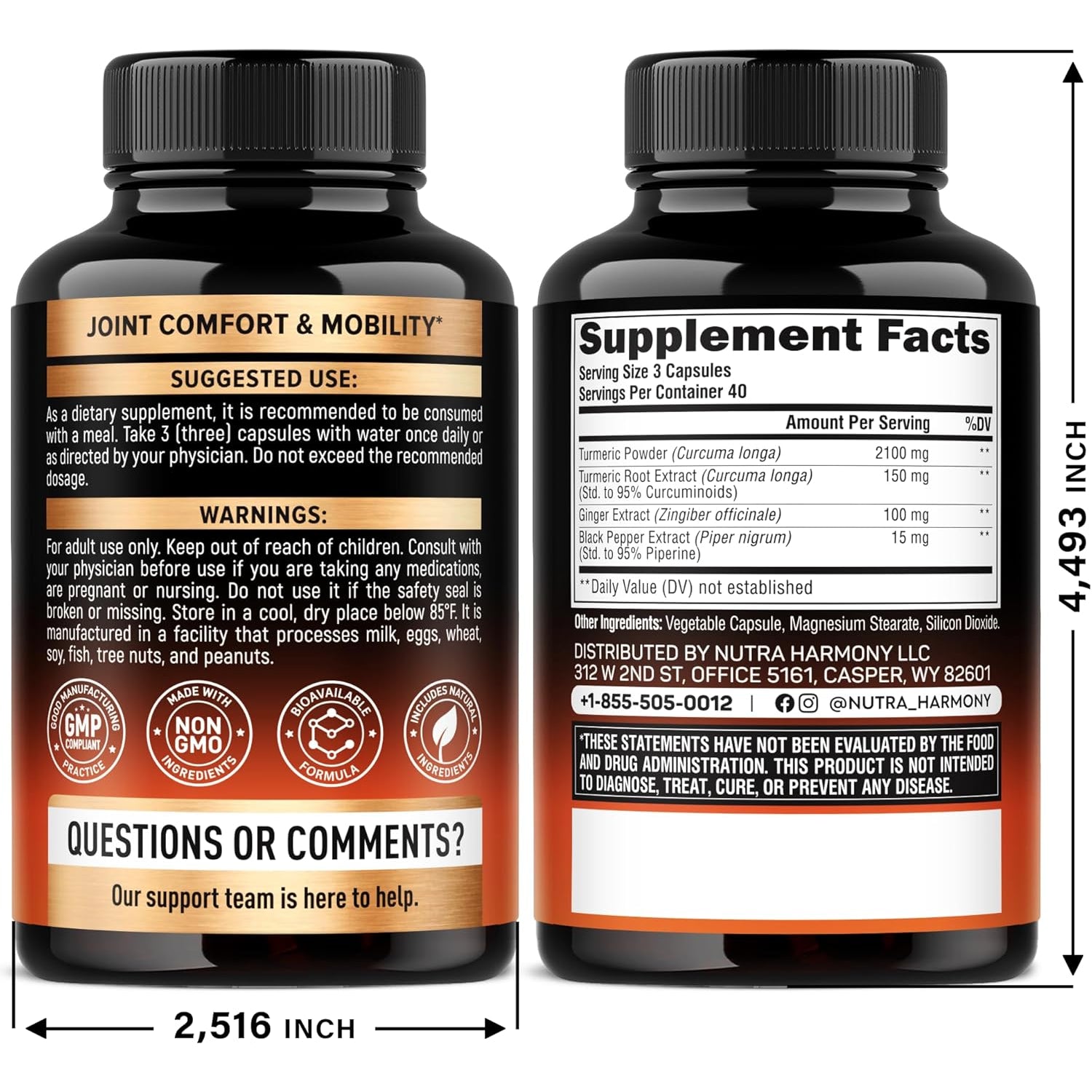 NUTRAHARMONY Turmeric Curcumin Supplement — 120 Capsules | 2,365mg High-Strength Formula | Enhanced Bioavailability | Anti-Inflammatory Support