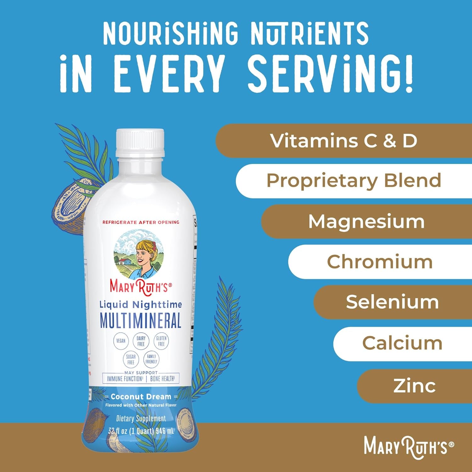 MaryRuth's Liquid Nighttime Multimineral — 946ml | Magnesium Citrate, Calcium & Zinc for Sleep | Melatonin-Free | Vegan & Sugar Free | 32 Servings