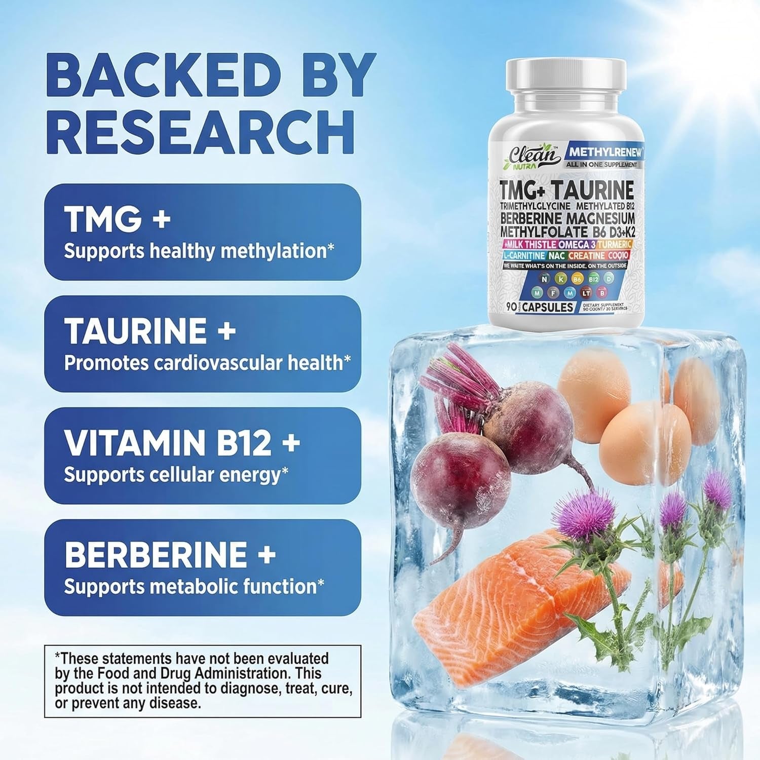 Clean Nutra TMG Supplements 1000Mg | Methylated Multivitamin for Women Men | Taurine B6 Vitamins B12 D3 K2 Trimethylglycine Magnesium Methylfolate Milk Thistle NAC COQ10 B Supplement Complex Capsules