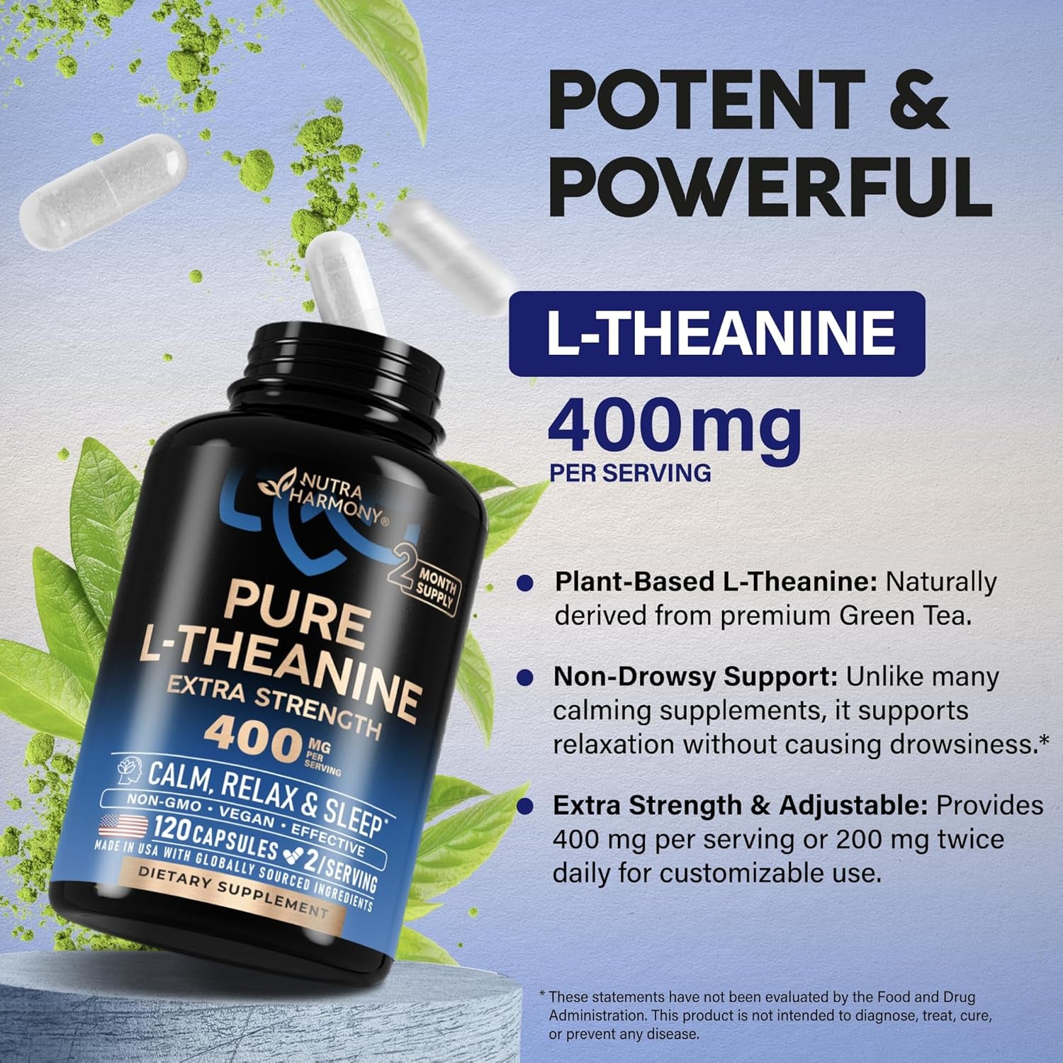 NutraHarmony L Theanine 400 Mg | L-Theanine Stress Relief | Extra Strength Supplement | Lab Tested | Relaxation, Sleep & Calm Support | for Men & Women | Plant Based, Non-Gmo & Gluten-Free | 120 Vegan Capsules