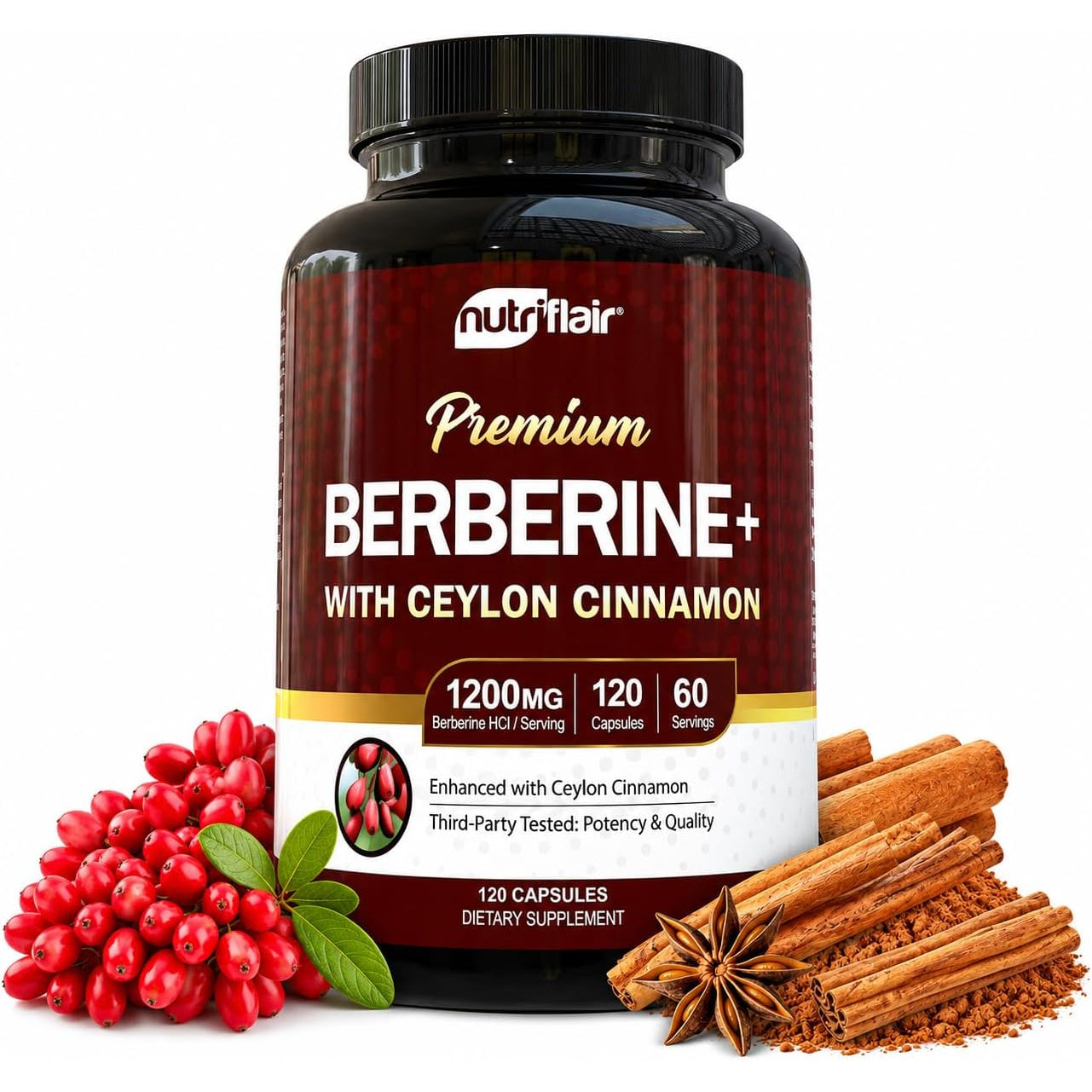 NutriFlair Berberine HCl with Ceylon cinnamon, 120 capsule bottle