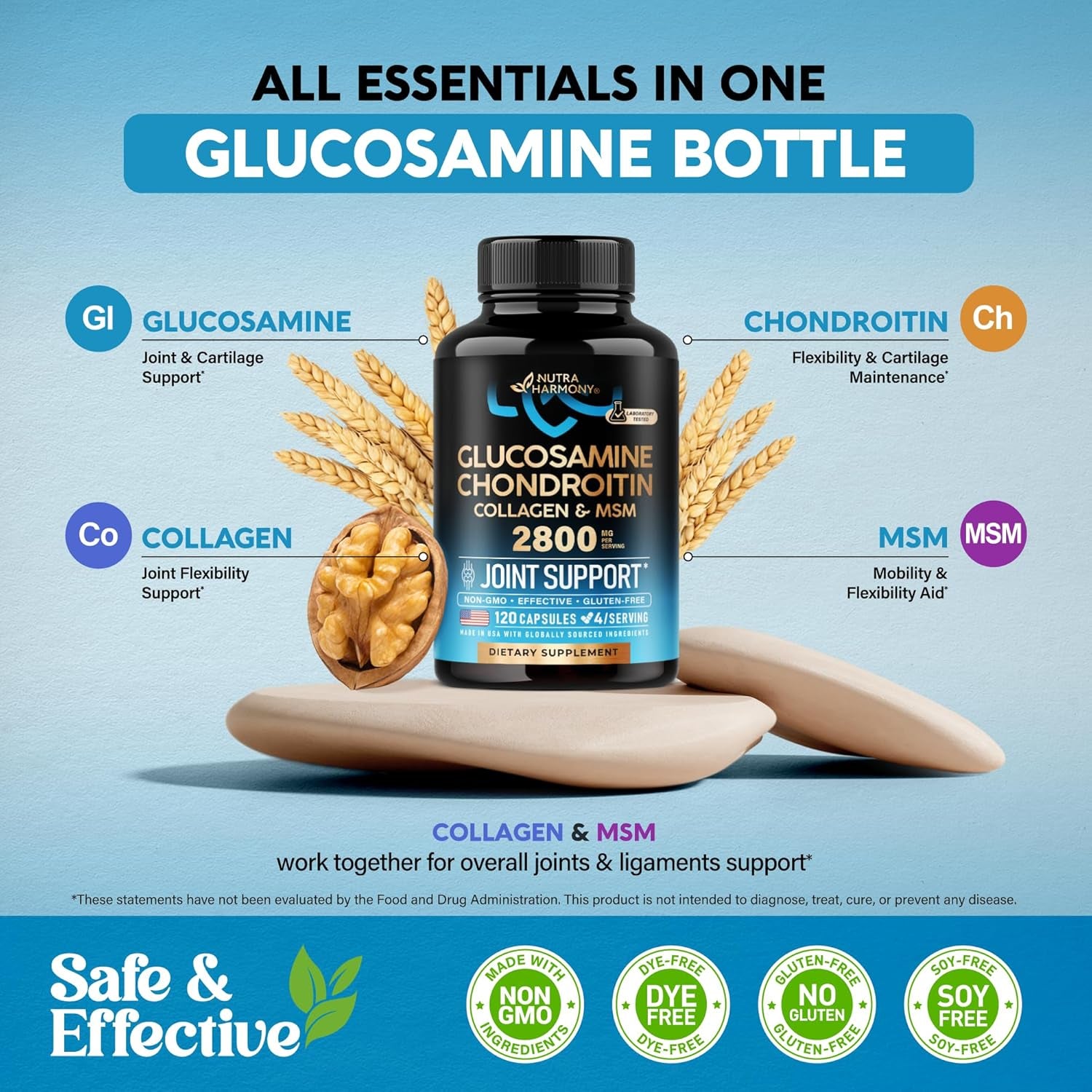 NUTRAHARMONY Glucosamine, Chondroitin & Collagen Complex — 120 Capsules | Joint Flexibility, Comfort & Mobility Support