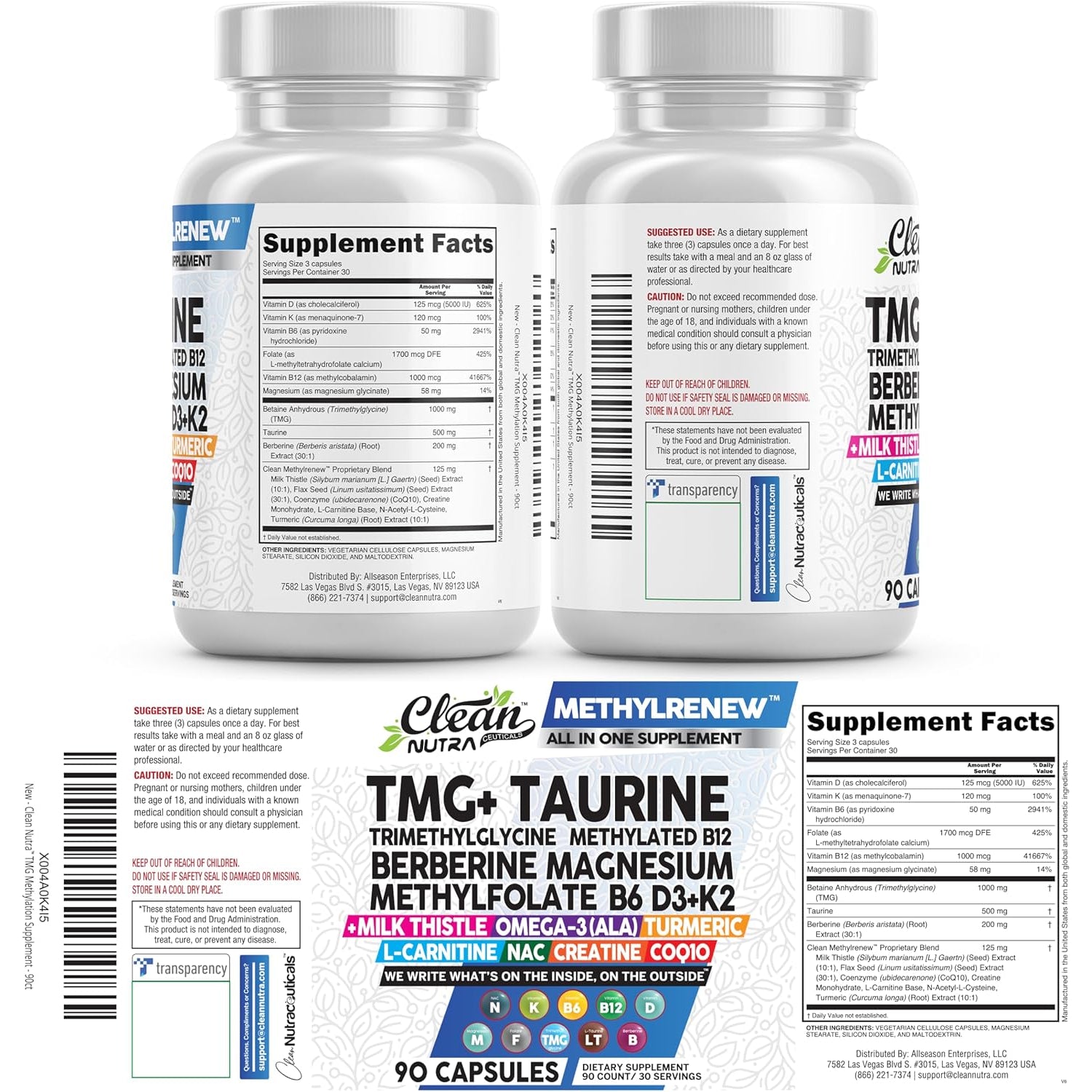 Clean Nutra TMG Supplements 1000Mg | Methylated Multivitamin for Women Men | Taurine B6 Vitamins B12 D3 K2 Trimethylglycine Magnesium Methylfolate Milk Thistle NAC COQ10 B Supplement Complex Capsules