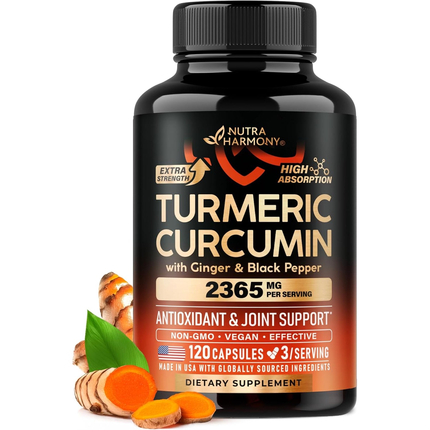 NUTRAHARMONY Turmeric Curcumin Supplement — 120 Capsules | 2,365mg High-Strength Formula | Enhanced Bioavailability | Anti-Inflammatory Support