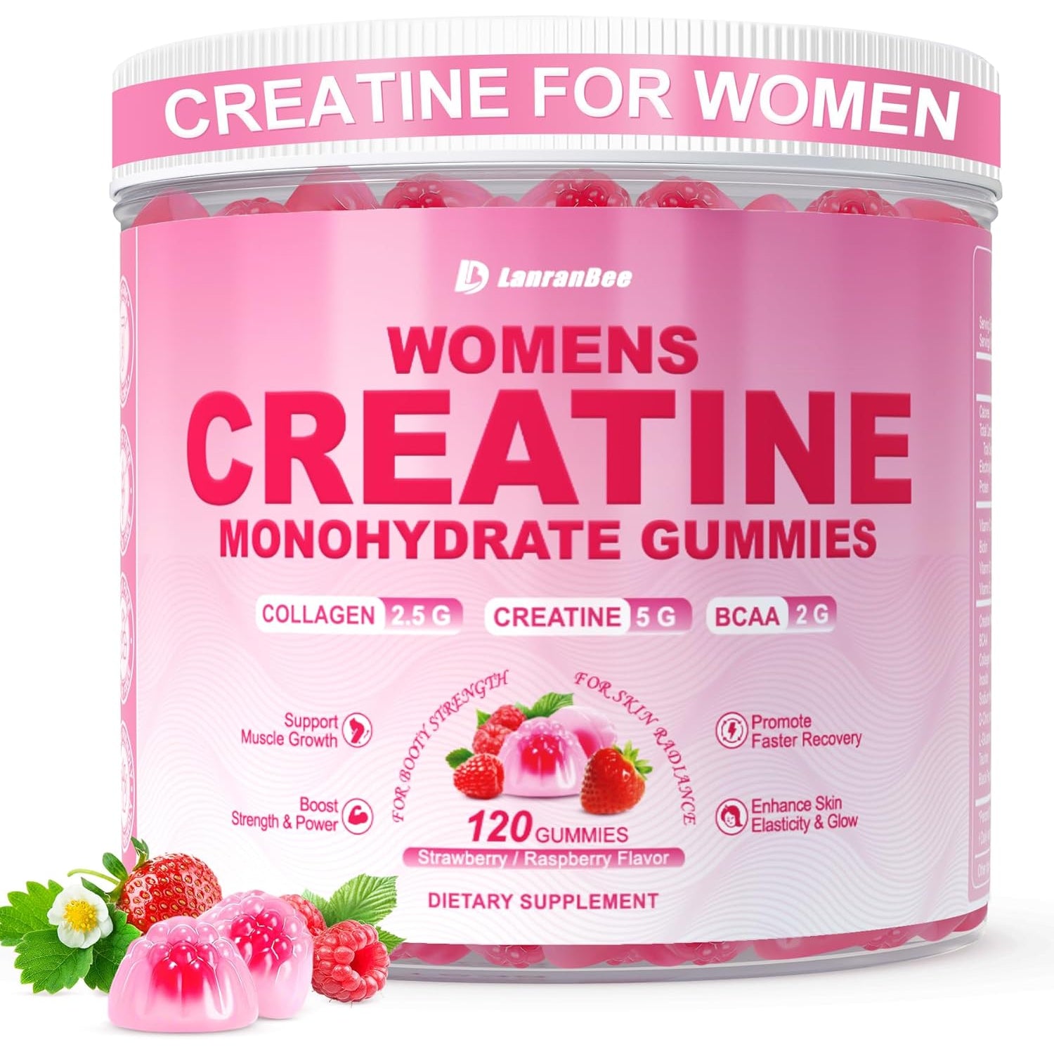 Creatine for Women, Creatine Monohydrate Gummies with Collagen, BCAA, L-Carnitine & Taurine, Strawberry Flavor, Energy Creatine Supplement for Muscle Strength, Energy Boost, Sugar Free, 120 Count