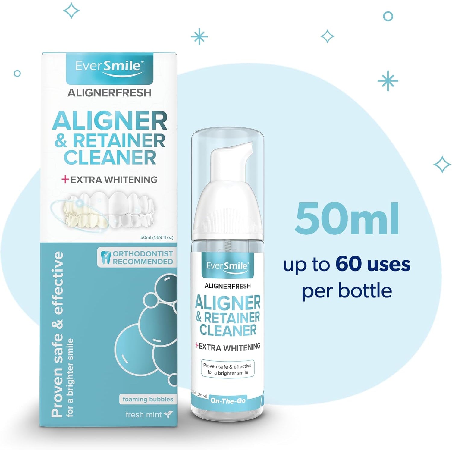 Eversmile Alignerfresh Extra Whitening Foam – Cleaner Compatible W/Invisalign and All Clear Aligners and Retainers – Eliminates Bacteria, Whitens Teeth, Fights Bad Breath – 50Ml (1 Pack)