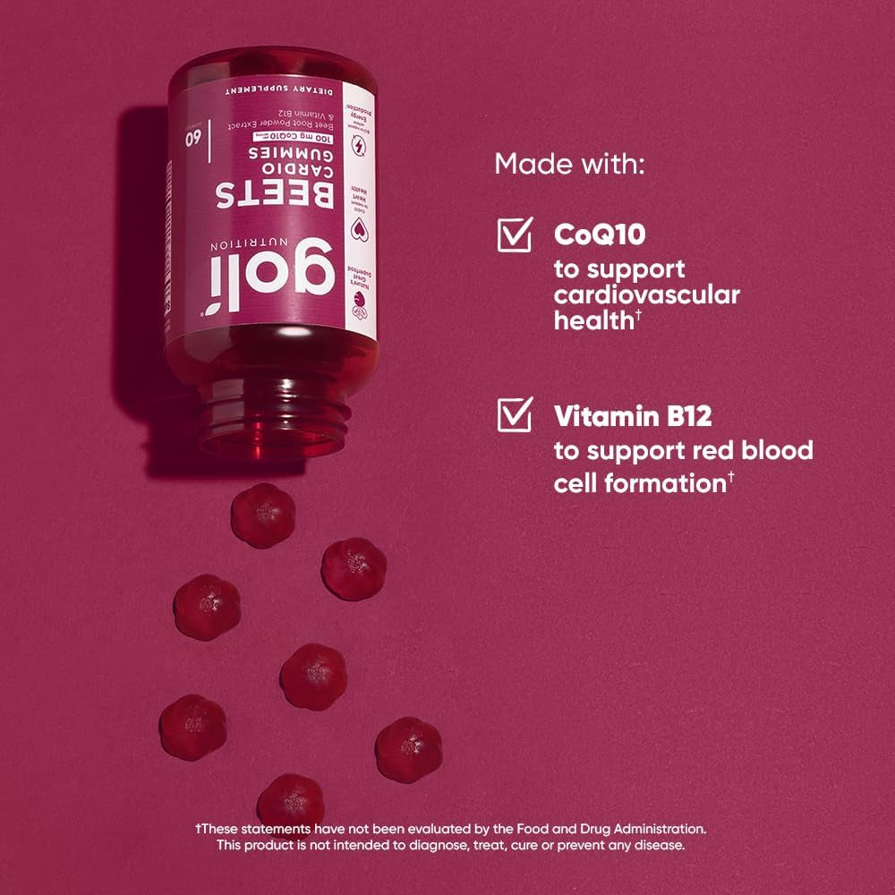 Goli Beets Cardio Gummies with Coq10 and Vitamin B12 - Beetroot Extract - Cardiovascular Wellness - Vegan, Non-Gmo, Gluten-Free