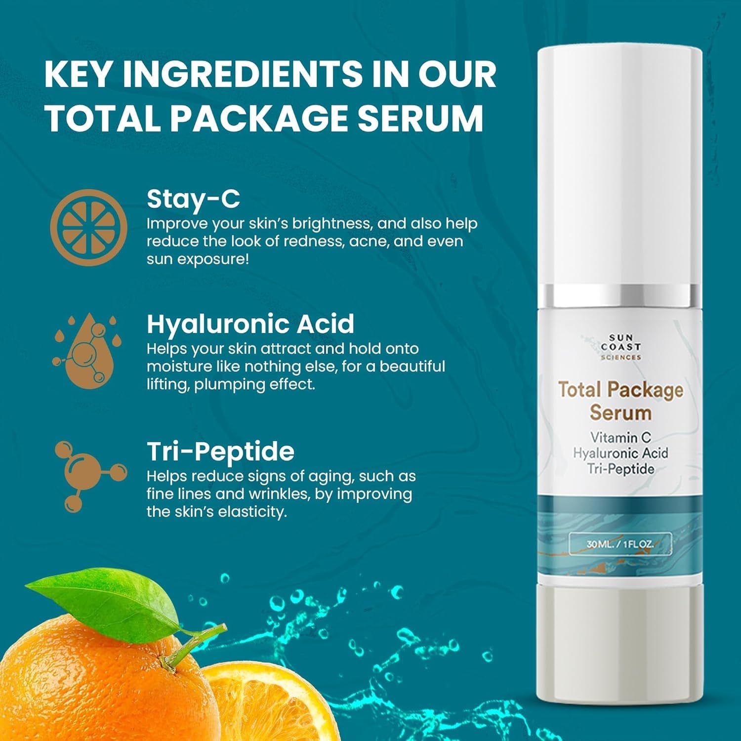 Sun Coast Sciences Total Package Serum – 30ml | 5-in-1 Anti-Aging Treatment with Peptides, Vitamin C & Hyaluronic Acid