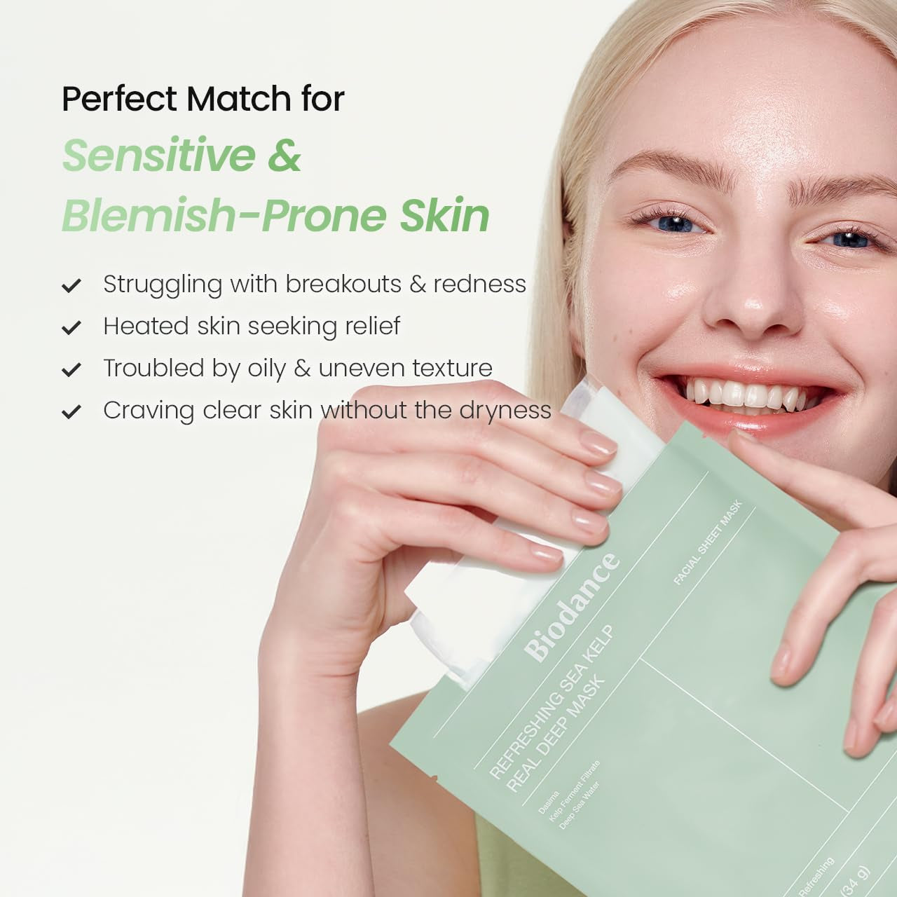 BIODANCE Refreshing Sea Kelp Real Deep Hydrogel Mask – 34g x 4 Sheets | Overnight Hydration | Oil & Sebum Control | Blemish Care & After-Sun Relief