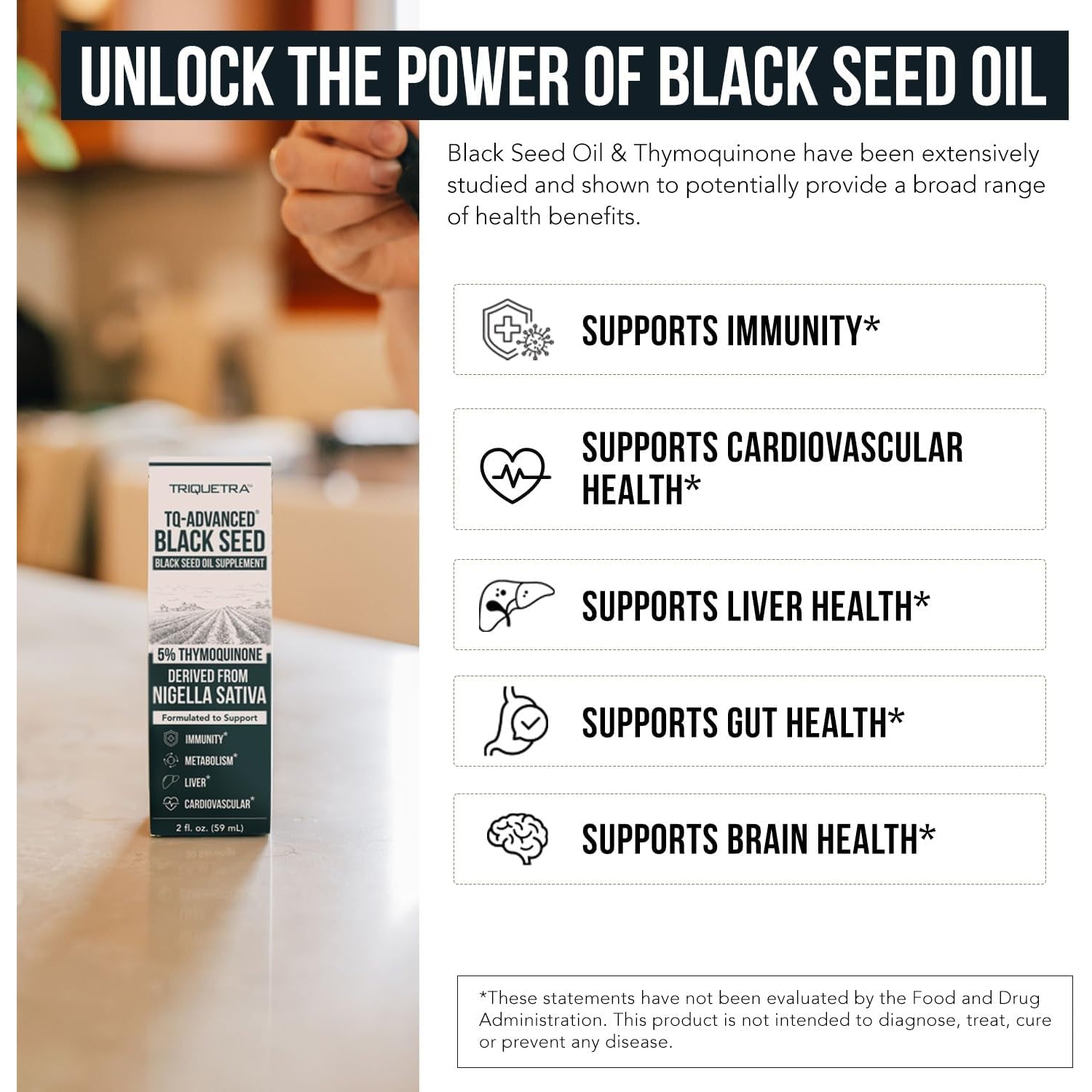 Black Seed Oil Liquid | 5% Thymoquinone - Tq-Advanced® | High Potency - 100 Mg per Serving - 15:1 Concentrate from Nigella Sativa Extract, Raw Form, Vegan Formula, Glass Bottle (30 Servings)