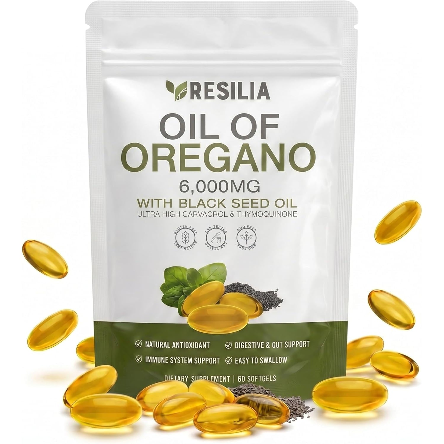 Resilia Black Seed Oil 6000mg & Oregano Oil Softgels – Immune & Digestive Support | Non-GMO Gluten-Free | 60 Softgels