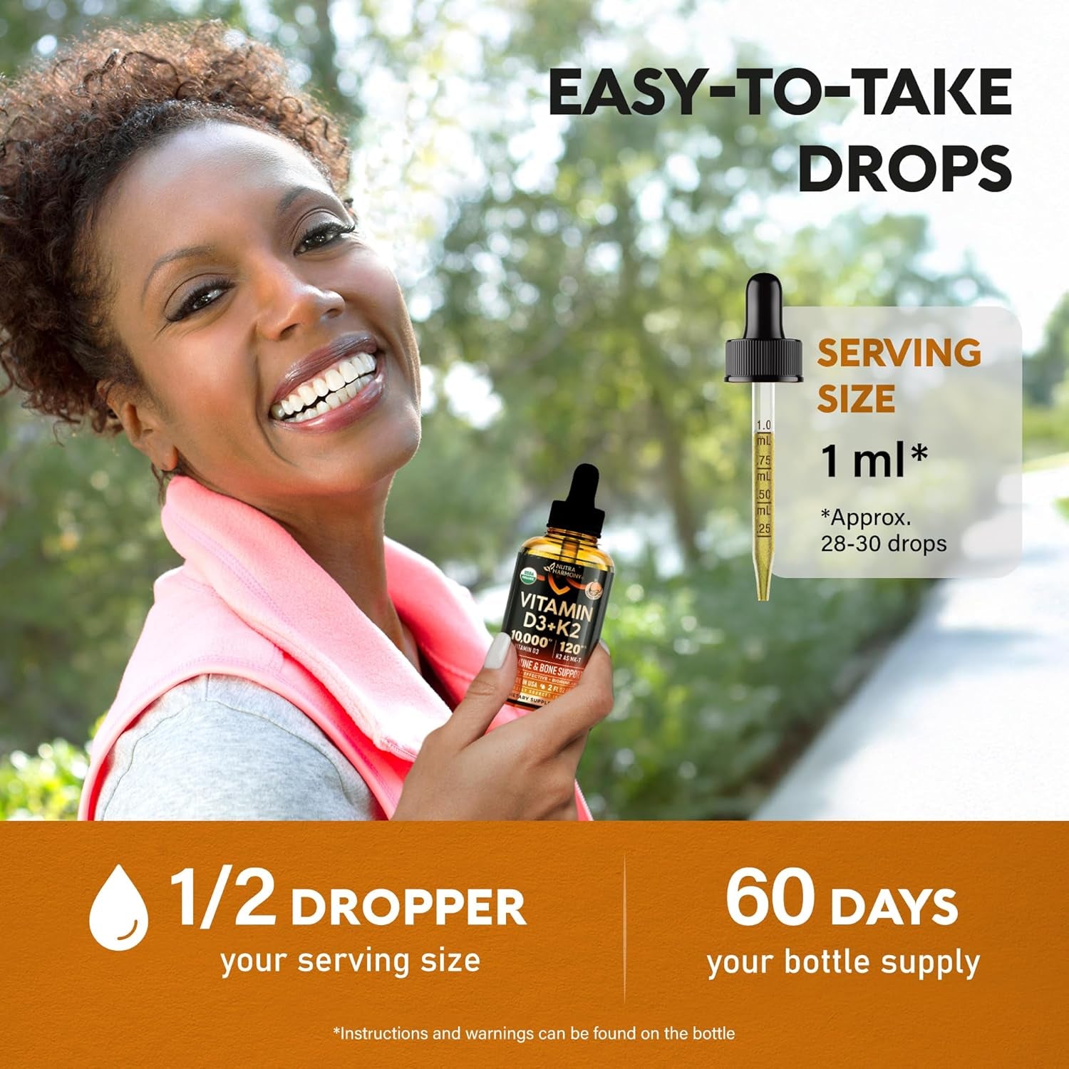 NutraHarmony Organic Vitamin D3 10,000 IU & K2 MK-7 Drops – 60ml | 60-Day Supply | Immune, Mood, Bone & Teeth Support | Sugar-Free Orange