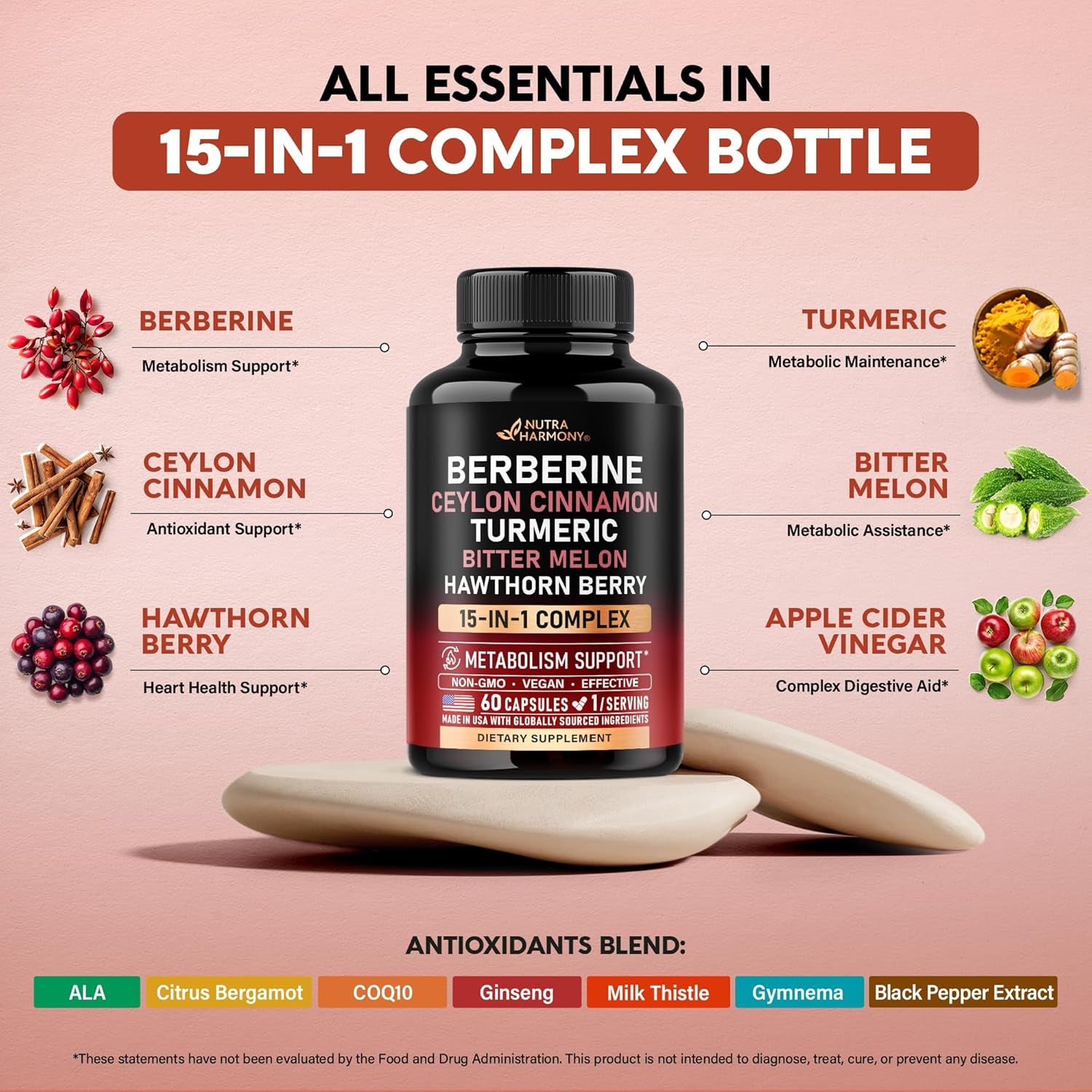 NUTRAHARMONY Berberine Complex — 60 Capsules | Cinnamon, Apple Cider Vinegar, Hawthorn & Bergamot | Blood Sugar & Metabolic Support