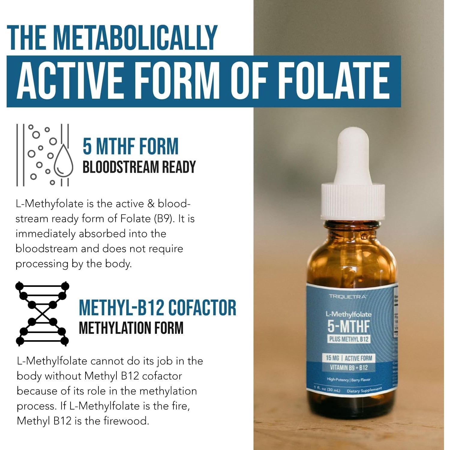 L Methyl Folate 15Mg plus Methyl B12 Cofactor – Organic Berry Flavor, High Potency Liquid Sublingual Active 5-MTHF Form - Supports Mood, Methylation, Cognition – Bioactive Forms Vitamin B9 & B12 (1Oz)