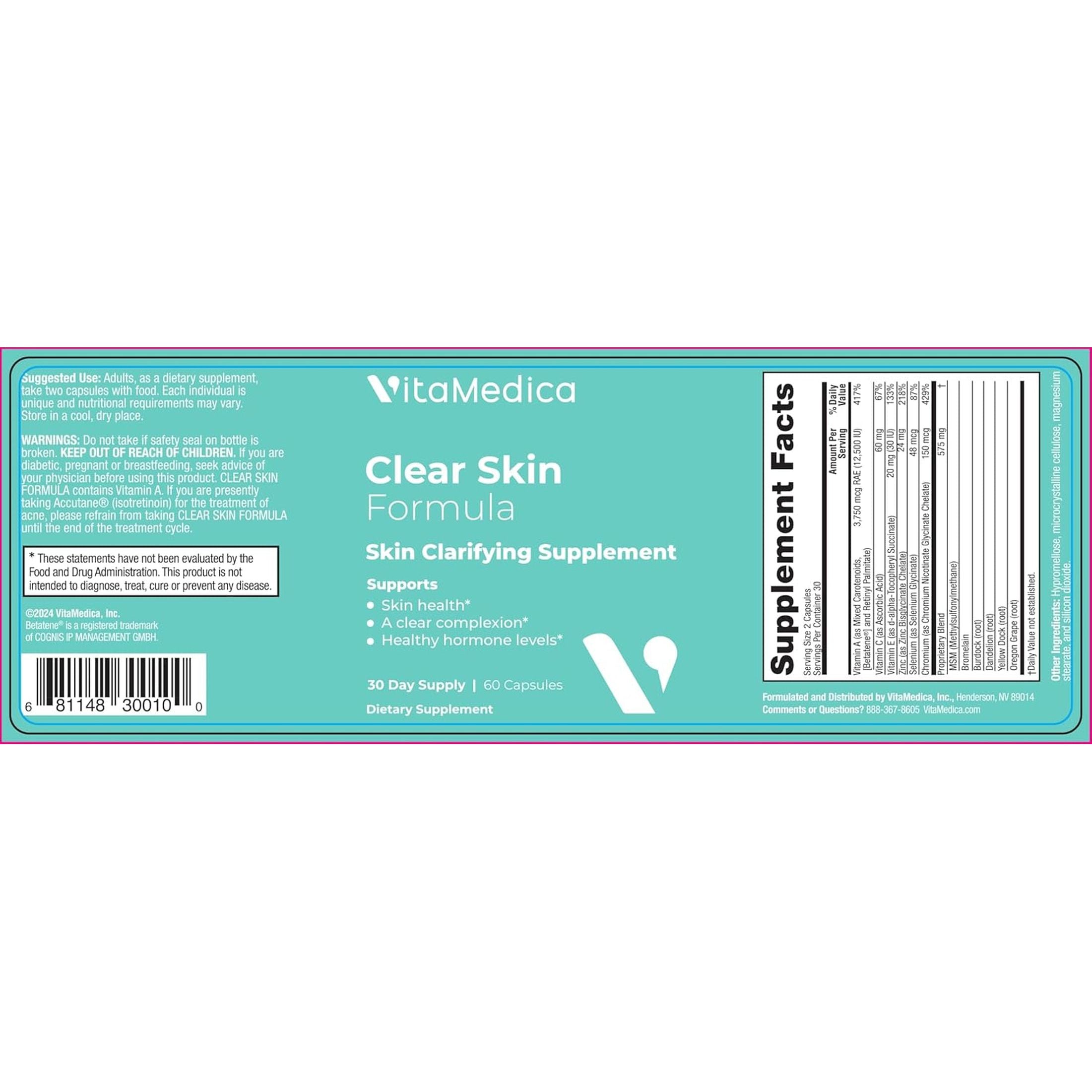 VitaMedica Clear Skin Formula – 60 Capsules | Vegan Supplement for Breakout-Prone Skin