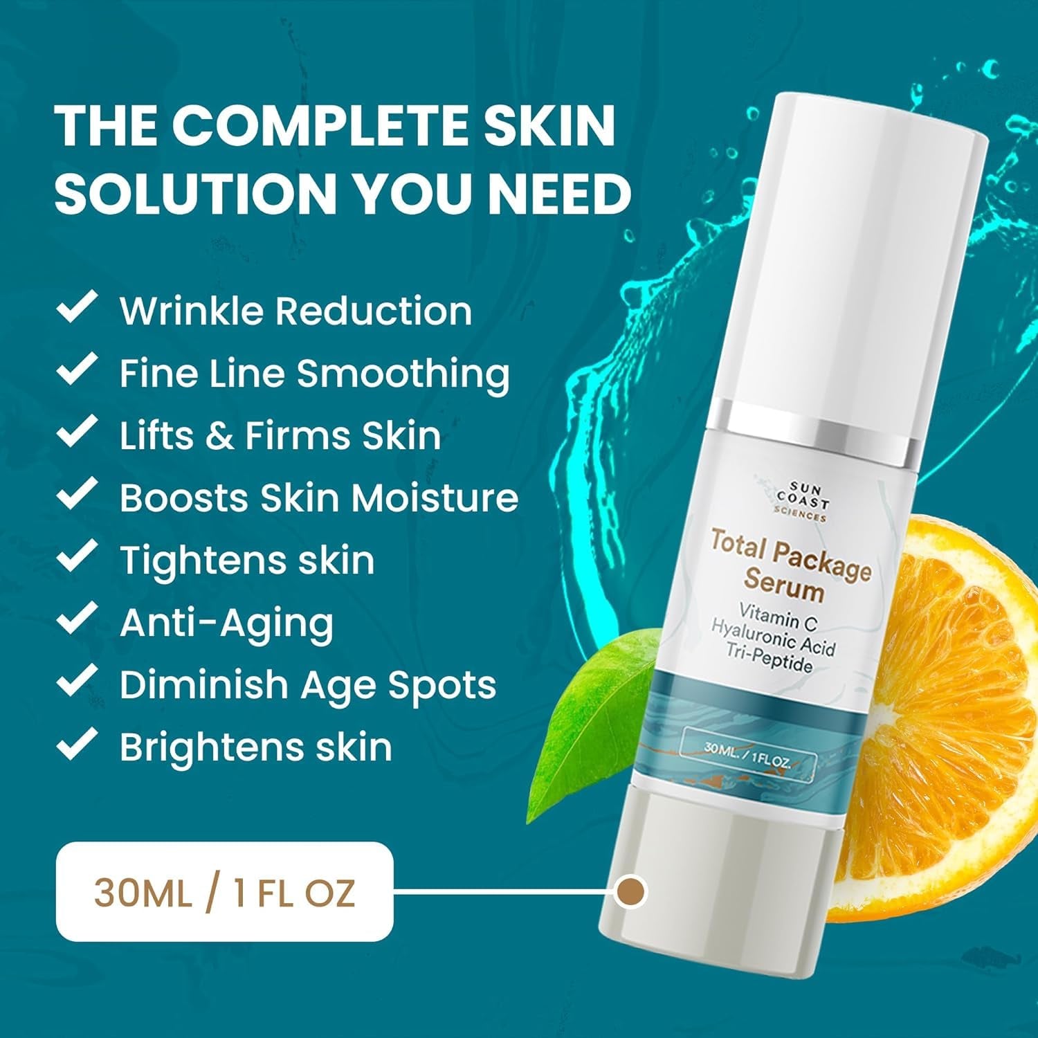 Sun Coast Sciences Total Package Serum – 30ml | 5-in-1 Anti-Aging Treatment with Peptides, Vitamin C & Hyaluronic Acid