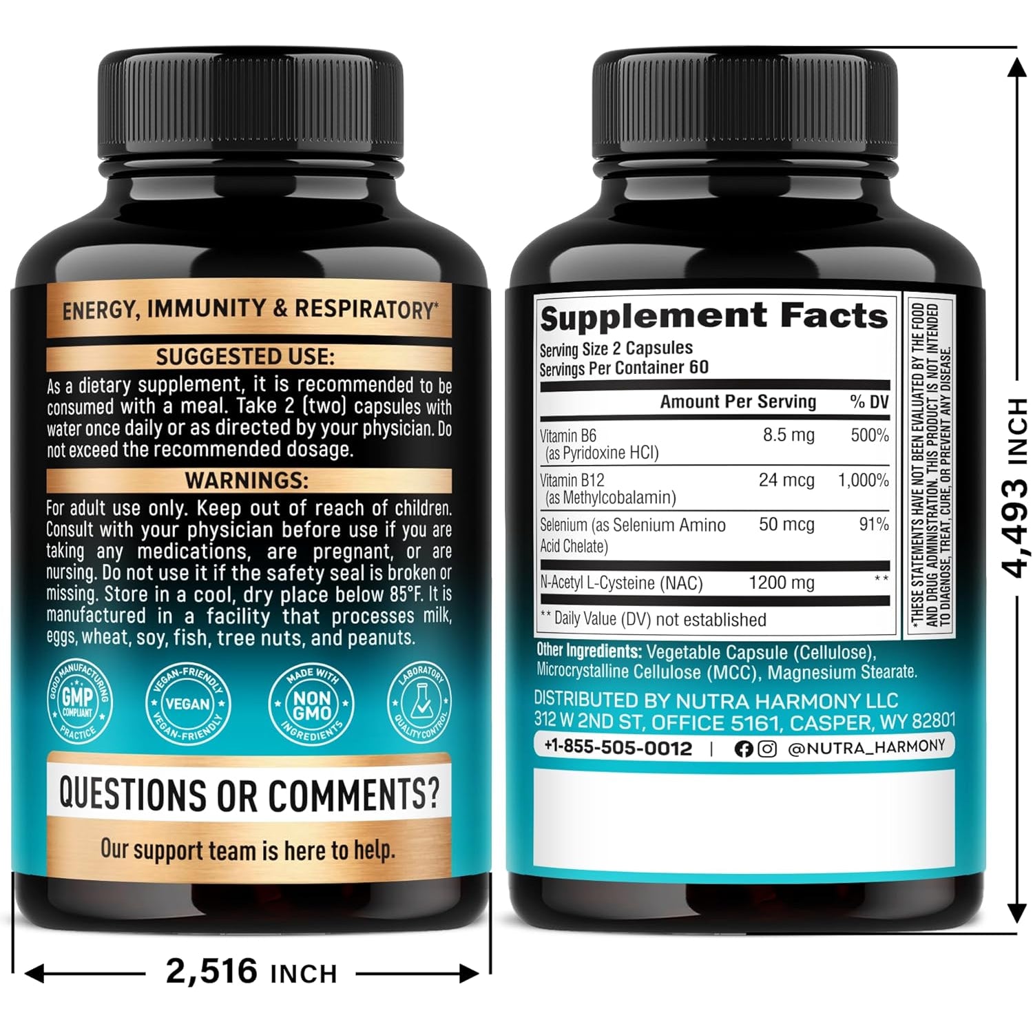 NUTRAHARMONY NAC Supplement — 60 Capsules | N-Acetyl L-Cysteine 600mg | Antioxidant, Liver & Respiratory Support