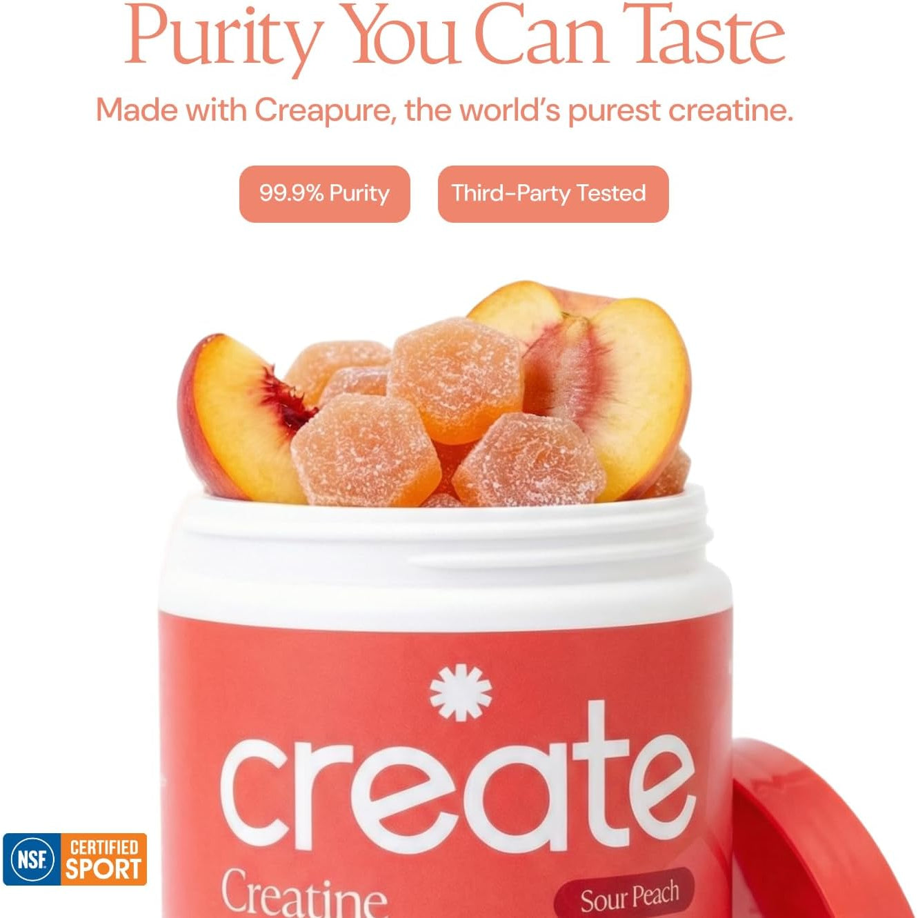 Create Creatine Monohydrate Gummies – Sour Peach | 1.5g Per Gummy | Vegan & Gluten-Free | Strength, Focus & Endurance for Men & Women