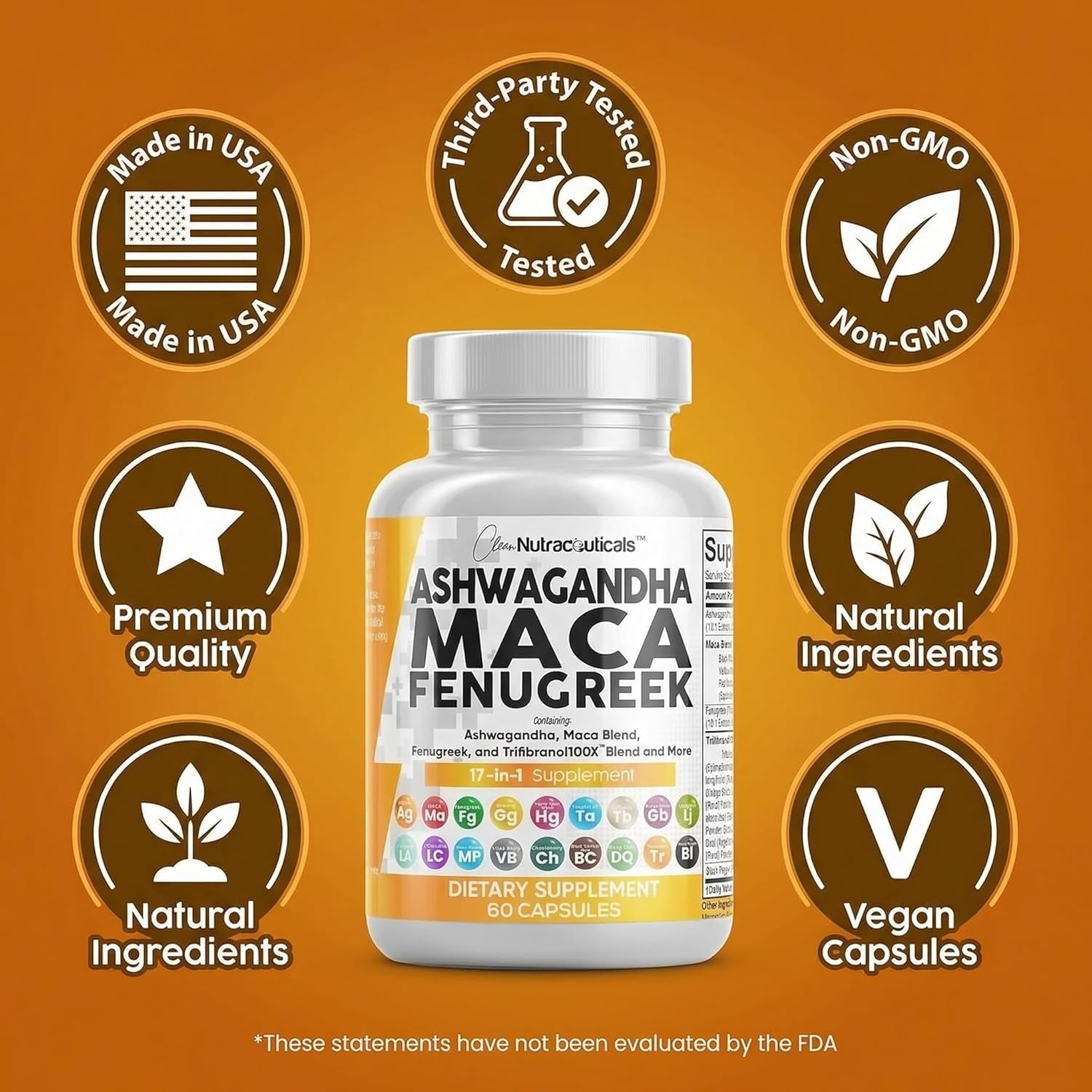 Clean Nutraceuticals Ashwagandha Maca Root Fenugreek Supplement with Tongkat Ali Ginseng - Assists with Stress, Mood & Thyroid - Ashwagandha Capsules Fenugreek Caps