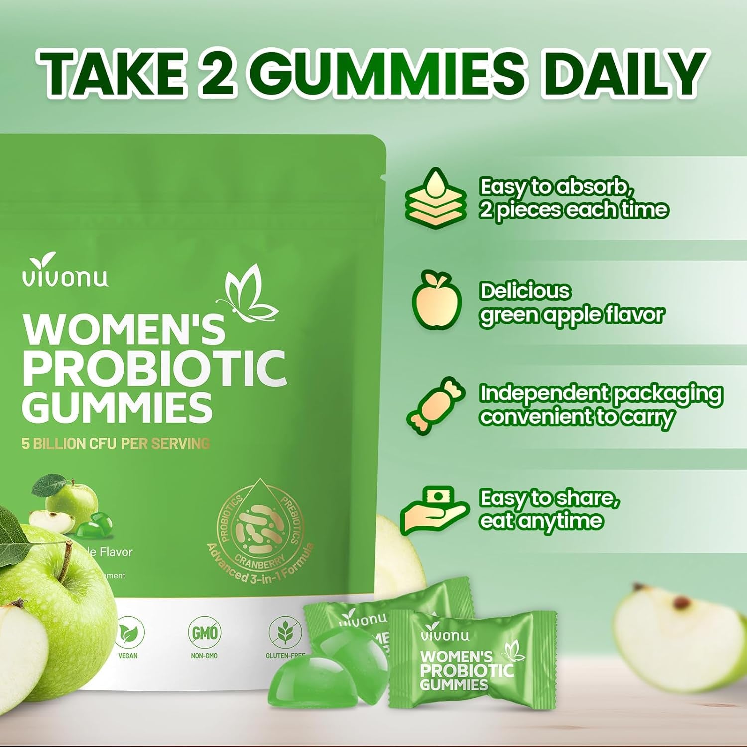 VivoNu Women's Feminine Balance Probiotic Gummies – 60 Count | Green Apple | Cranberry, Prebiotics & Lactobacillus | pH Balance & Vaginal Health Support
