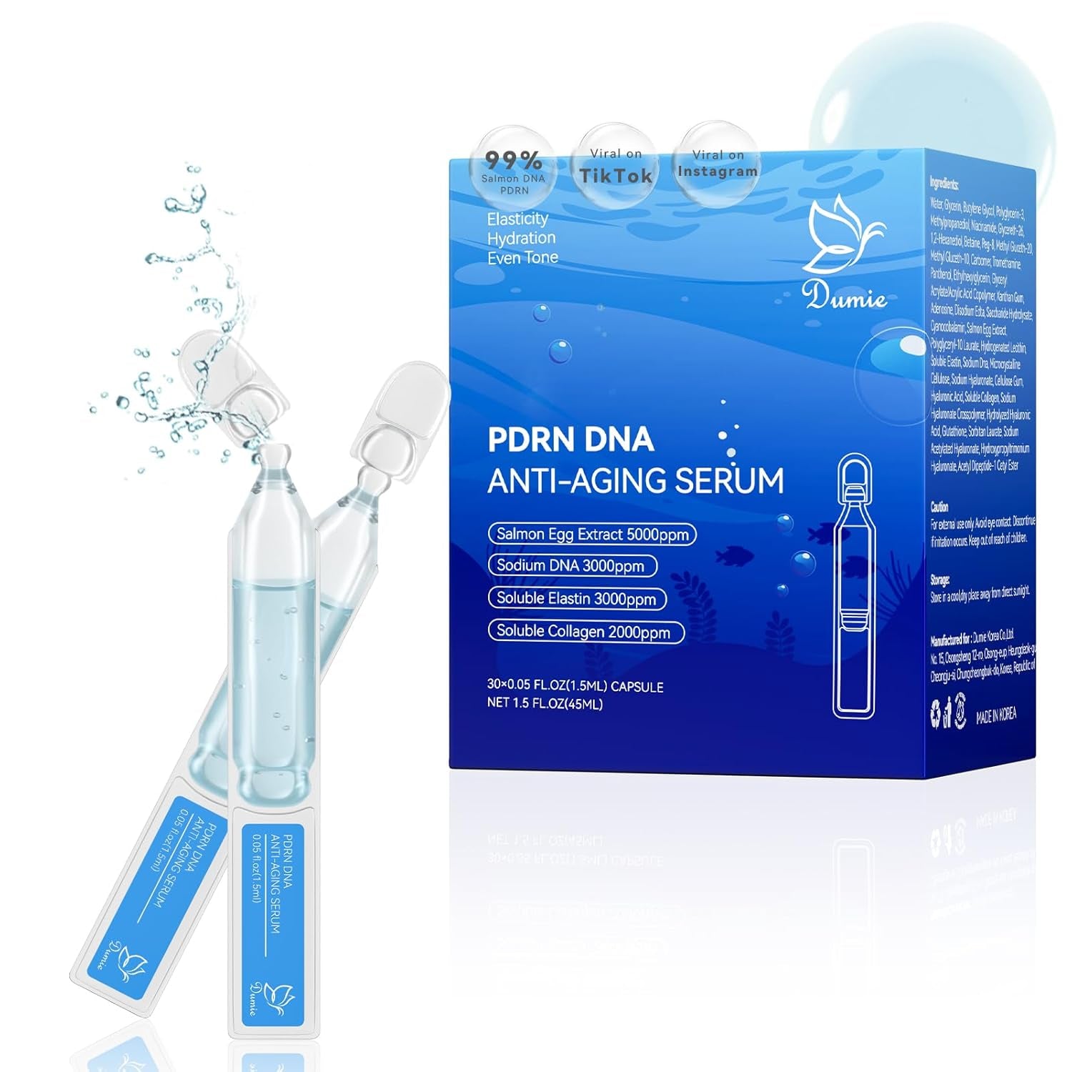 Salmon DNA PDRN Anti-Aging Serum, 5000Ppm Salmon Egg DNA Ampoule, 2000Ppm Collagen, Glutathione, Niacinamide & 6 Hyaluronic Acids, Korean Skincare for Wrinkles & Radiance,0.05 Fl.Oz X 30E
