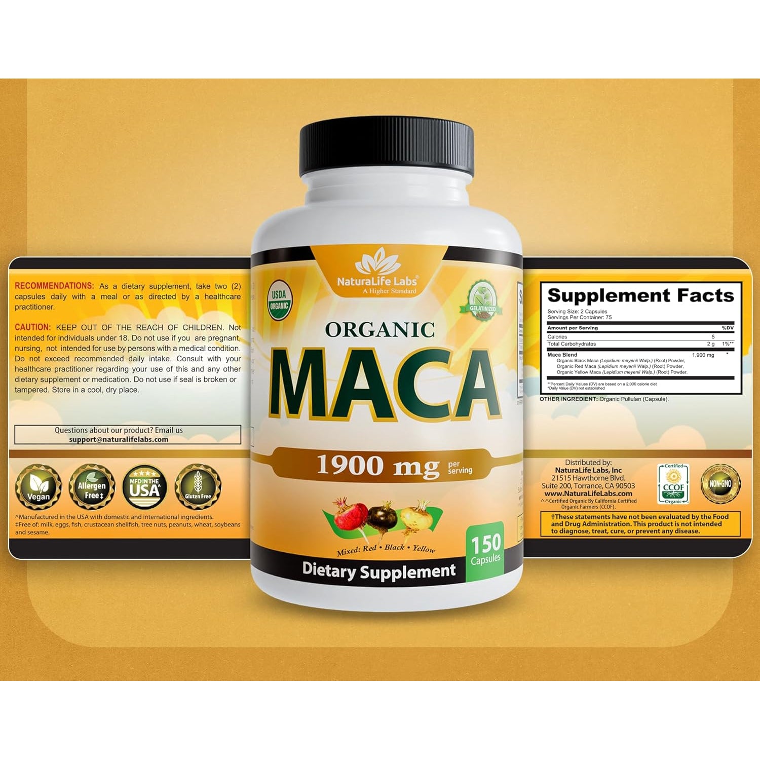 Naturalife Labs Organic Maca Root – Black, Red & Yellow – 1900 Mg per Serving – 150 Capsules – Gelatinized Peruvian Maca – Non-Gmo, Gluten-Free, Vegan