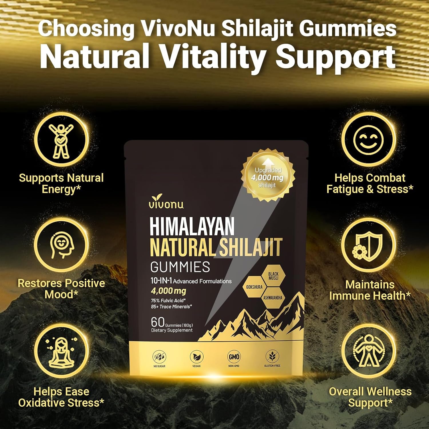 VivoNu Pure Himalayan Shilajit Gummies – 4,000mg | Ashwagandha, Gokshura, Fulvic Acid & 85+ Trace Minerals | Energy & Vitality Support for Men & Women